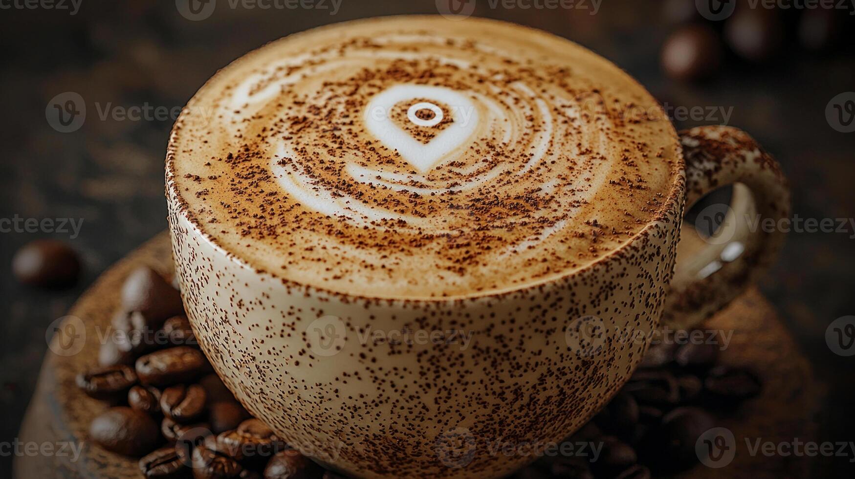 Close up view of creamy latte artfully topped cocoa powder forming geolocation pin. detailed design enhances inviting coffee shop atmosphere photo