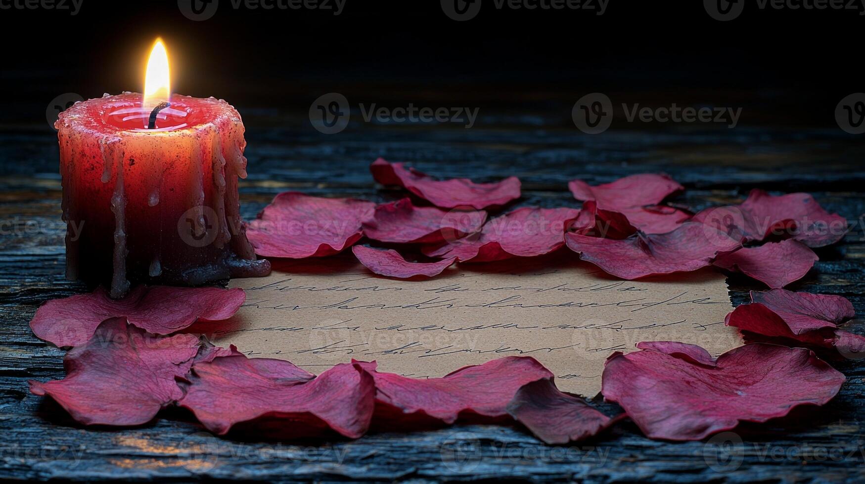 vintage writing desk illuminated flickering candle creates warm atmosphere. delicate quill dips into deep red ink beside half written confession surrounded rose petals photo