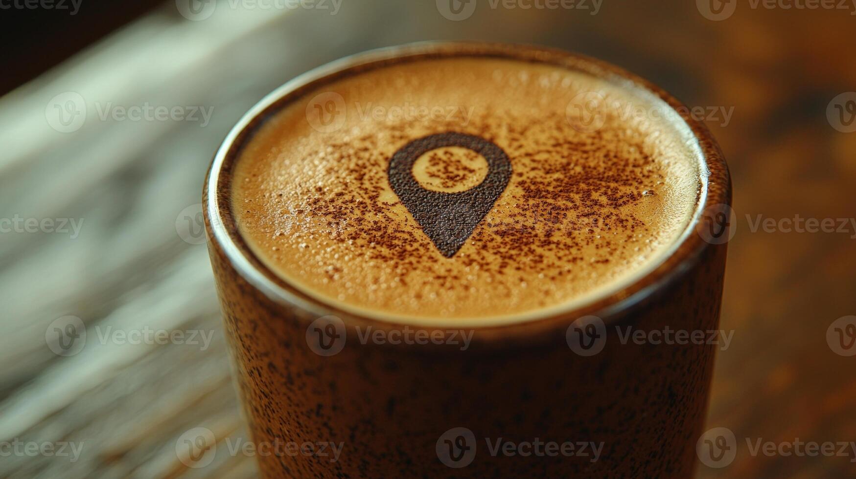advertisement showcases close up view of latte unique geolocation pin design drawn in cocoa powder on foam emphasizing rich texture and artistry in coffee photo