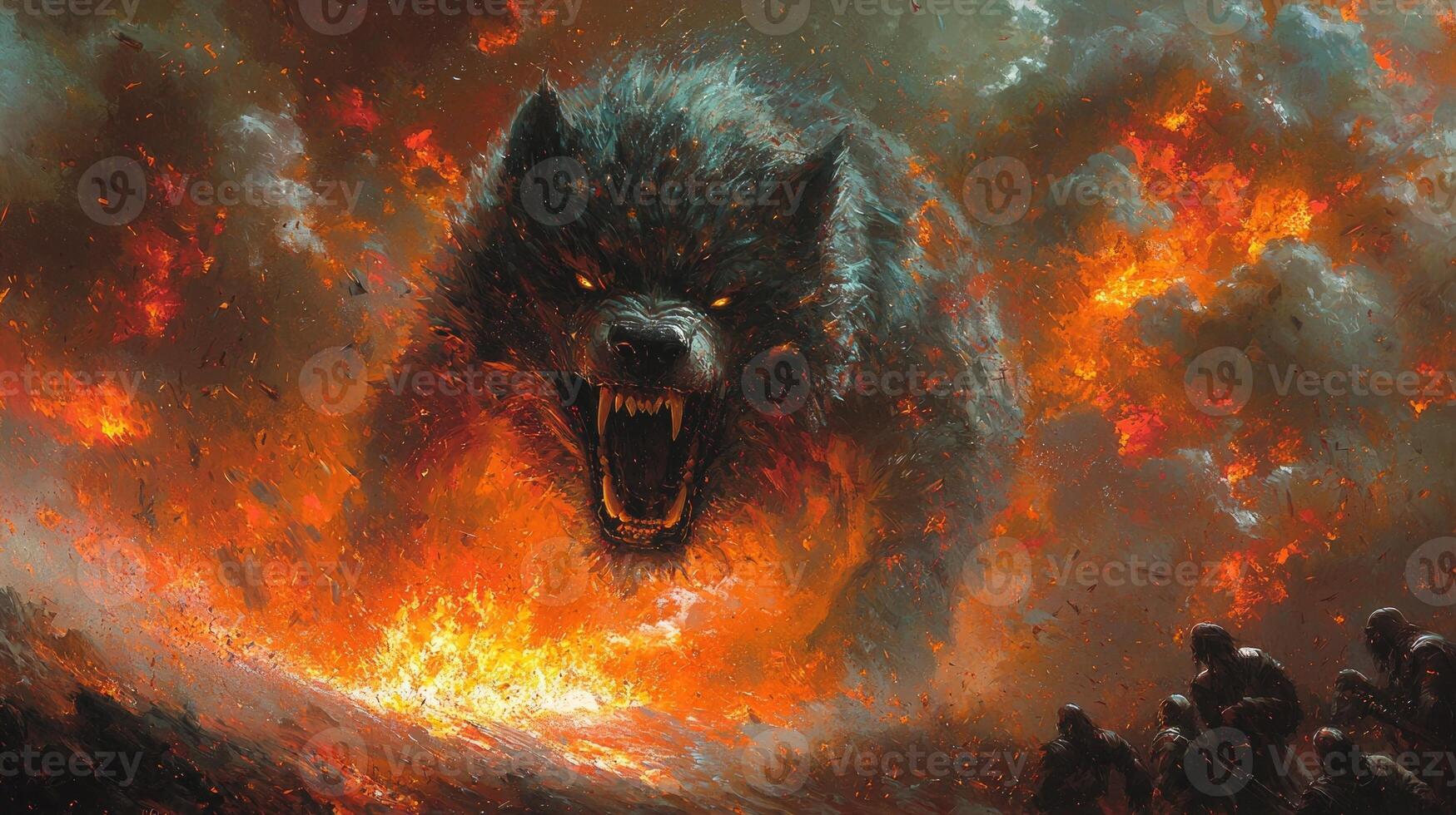 Fenrir launches himself Odin his jaws wide open glowing spear Gungnir in hand. Asgard lies in ruins engulfed in flames as loyal warriors look on in horror photo