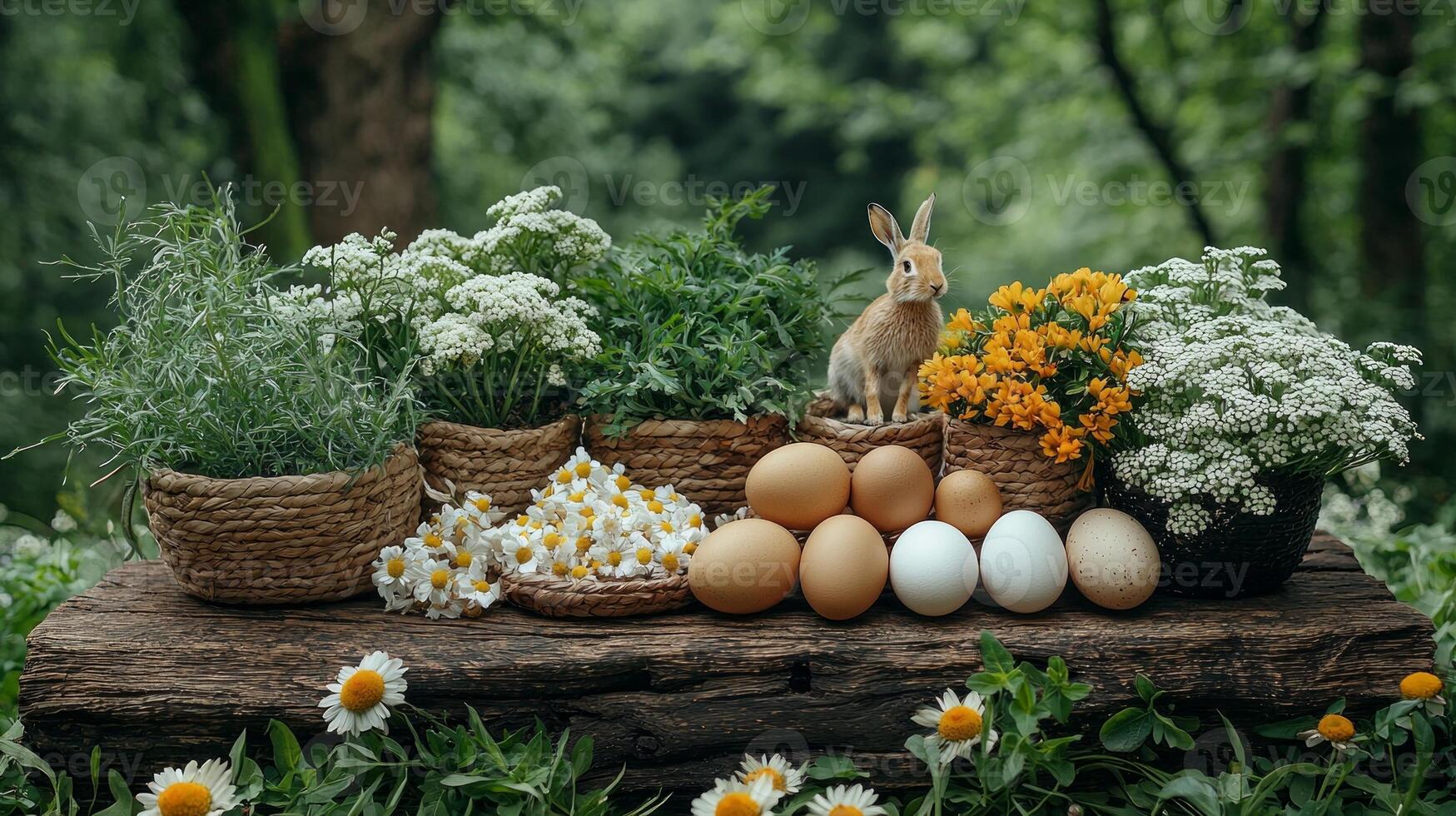 rustic altar displays fertility symbols including eggs hares sprouting plants and woven baskets amidst lush meadow blooming trees and buzzing bees celebrating new life photo