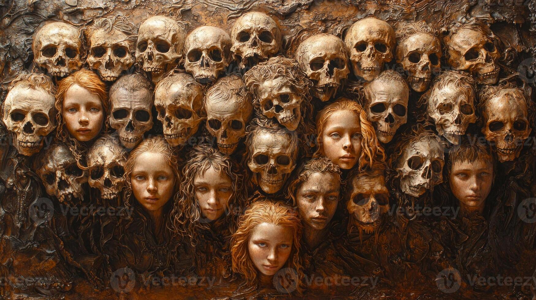 Countless overlapping human faces shifting expressions emerge from massive ancient mirror. Joy and sorrow blend together capturing fluidity of identity through time photo