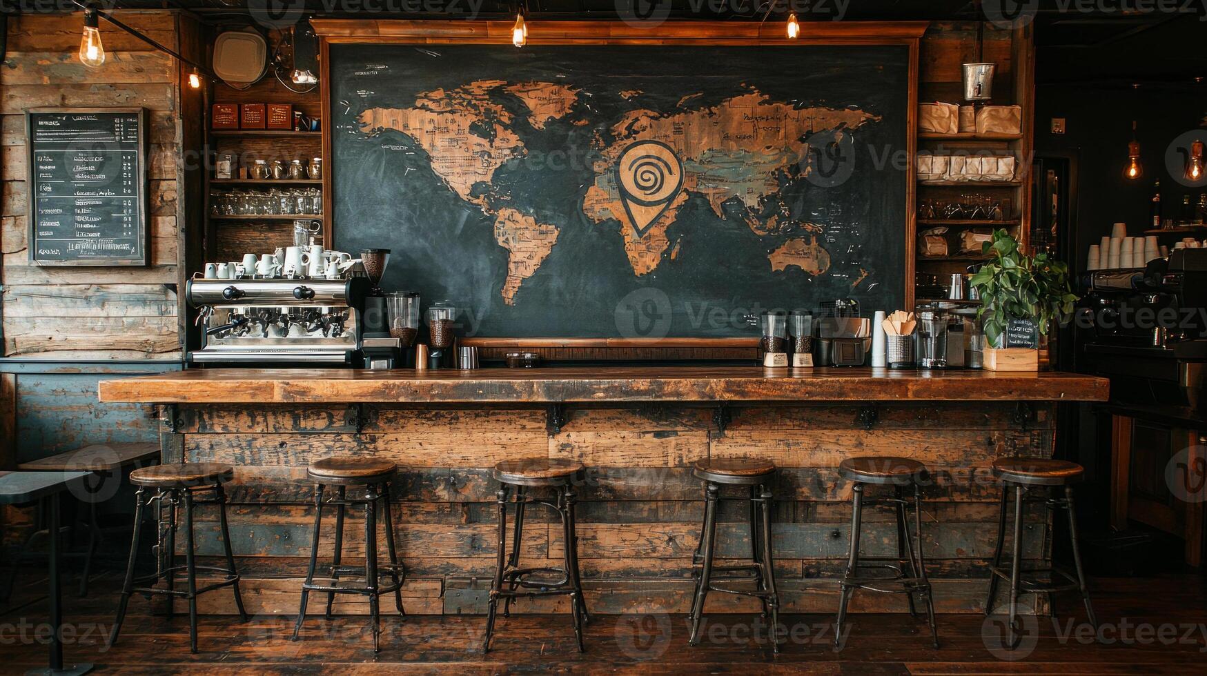 Inside trendy coffee shop beautifully crafted chalkboard menu highlights best espresso and latte options. Warm lighting complements artistic coffee bean design photo