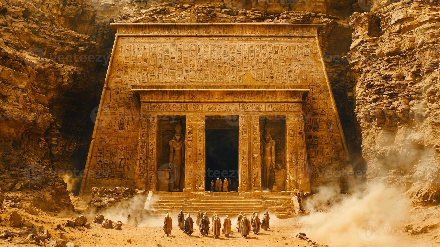 Deep within vast desert secretive temple emerges from sands. Hooded figures approach entrance marked massive stone pillars adorned cryptic symbols photo