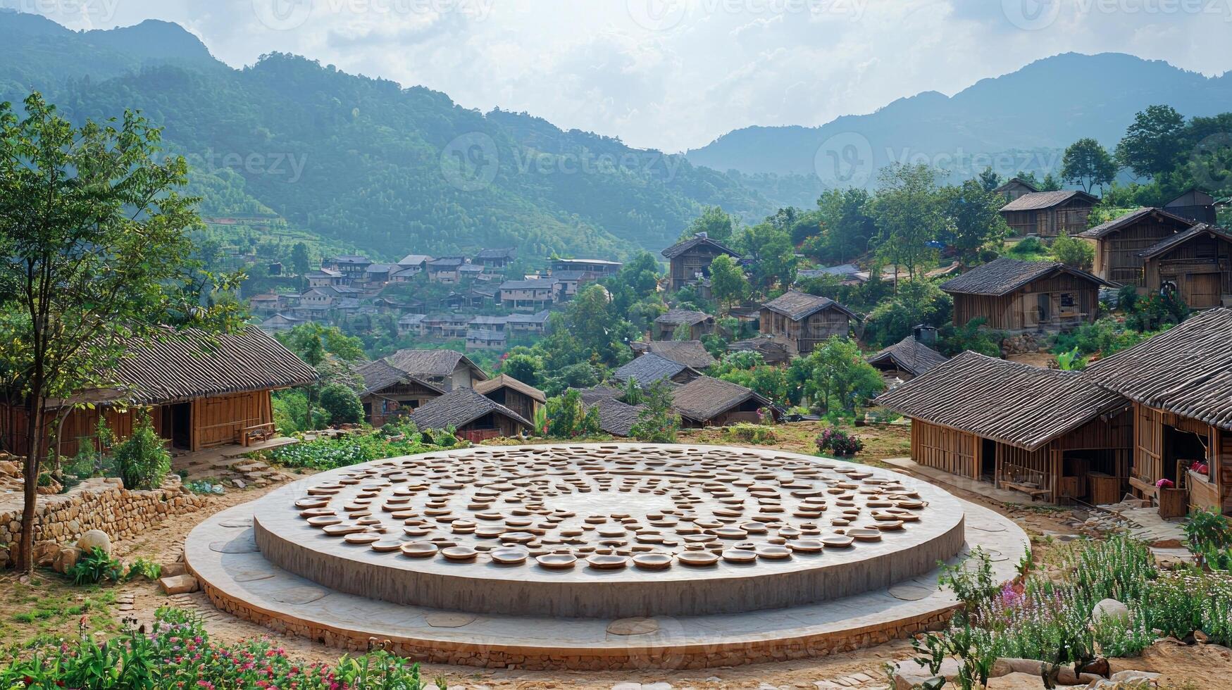 Members dressed in simple white garments gather around large central hall in serene yet secretive commune against stunning mountainous backdrop photo