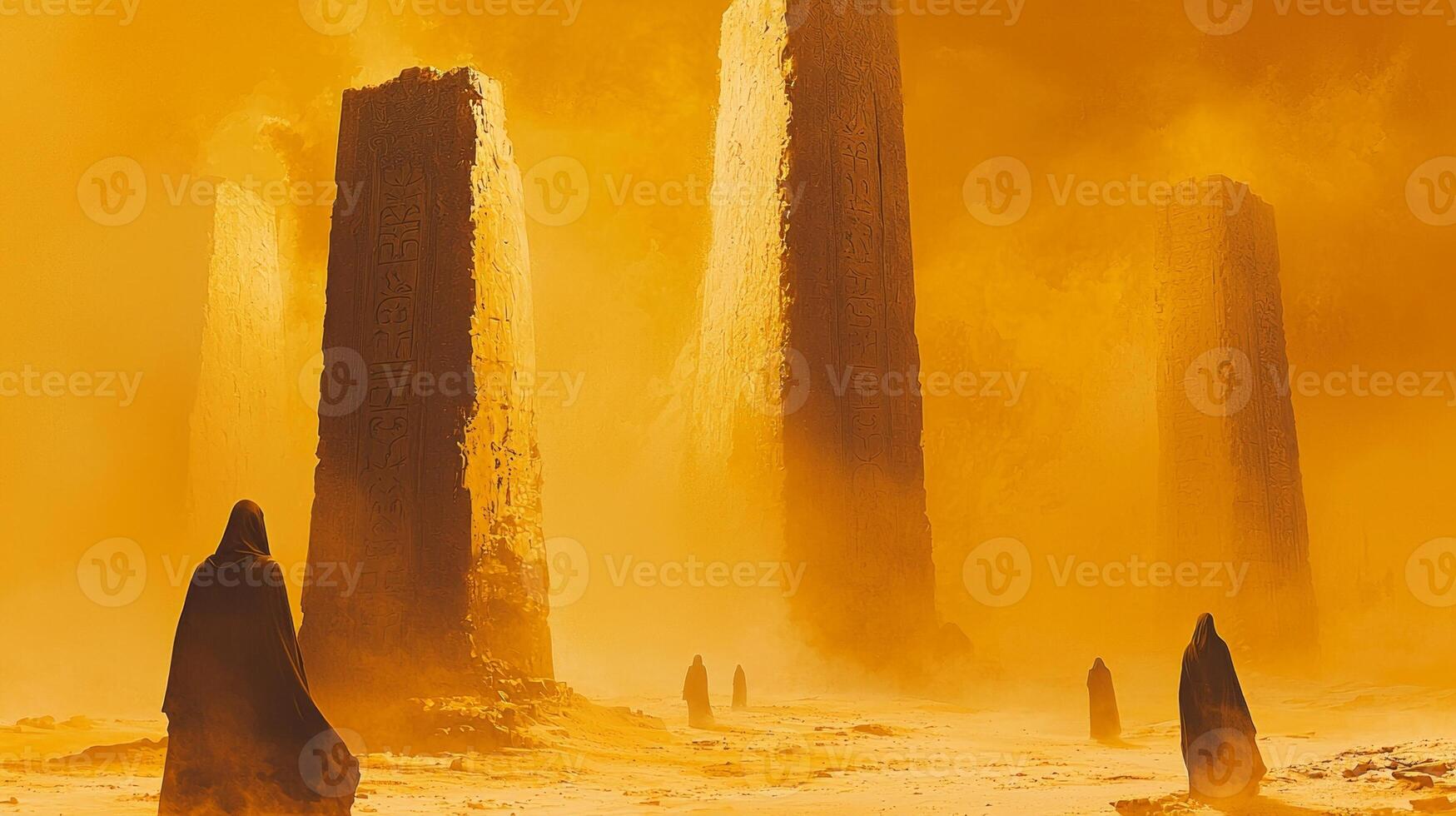 vast desert landscape conceals mysterious temple. Hooded figures approach entrance marked towering stone pillars engraved obscure symbols vanishing into darkness photo