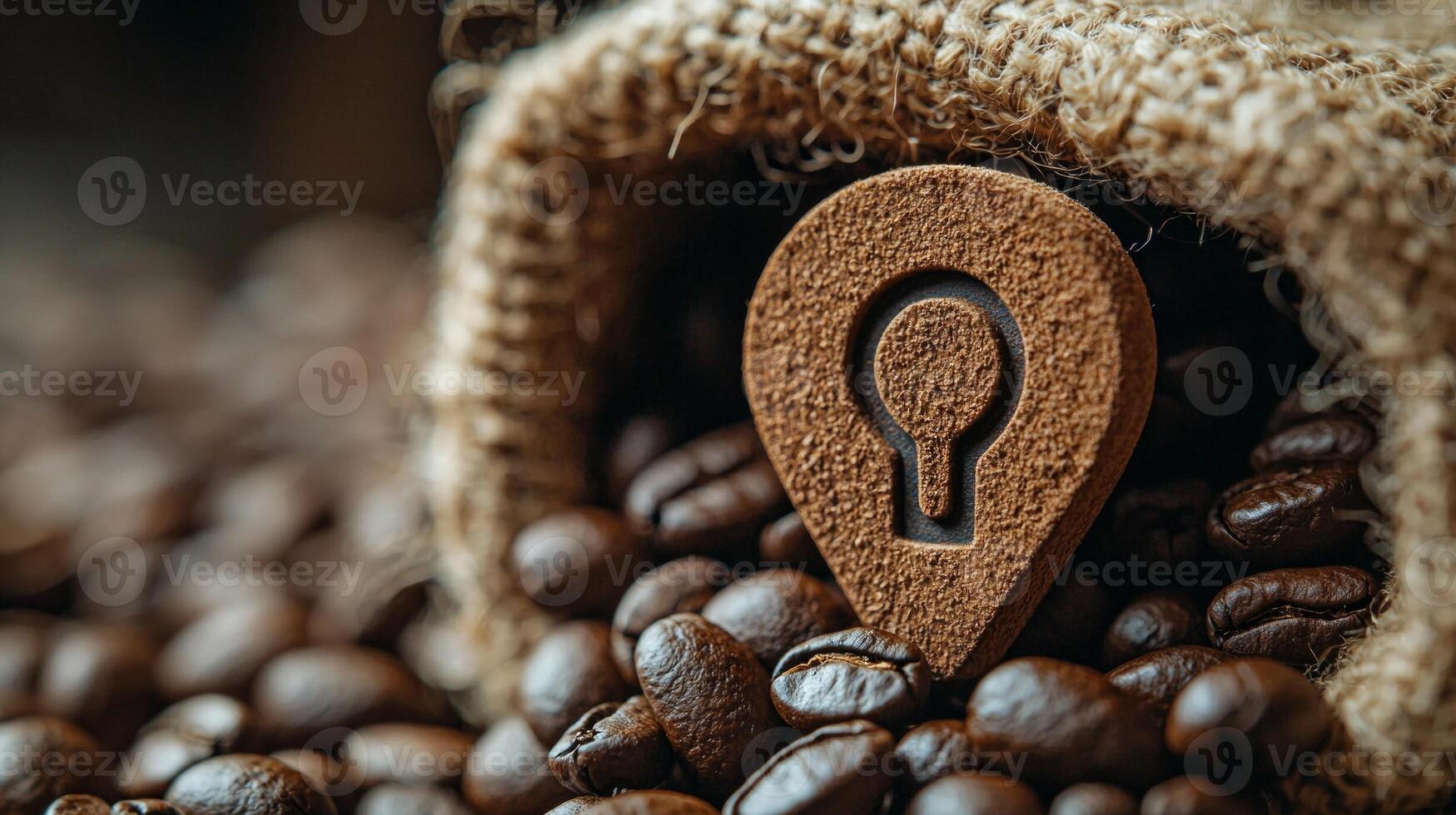 Handcrafted geolocation pin made from roasted coffee beans rests on textured burlap fabric emphasizing artisanal and organic essence of rustic coffee brand photo