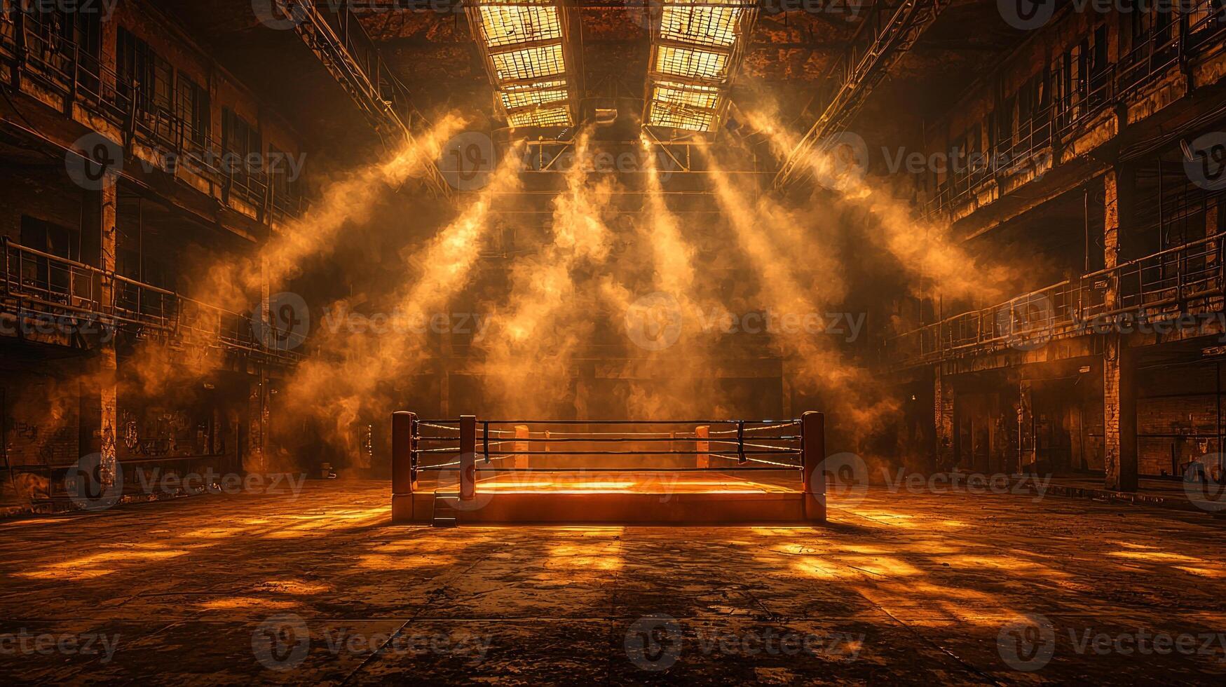 In dimly lit audience hall boxing ring stands illuminated rays of spotlight filtering through smoke creating dramatic and intense atmosphere for event photo