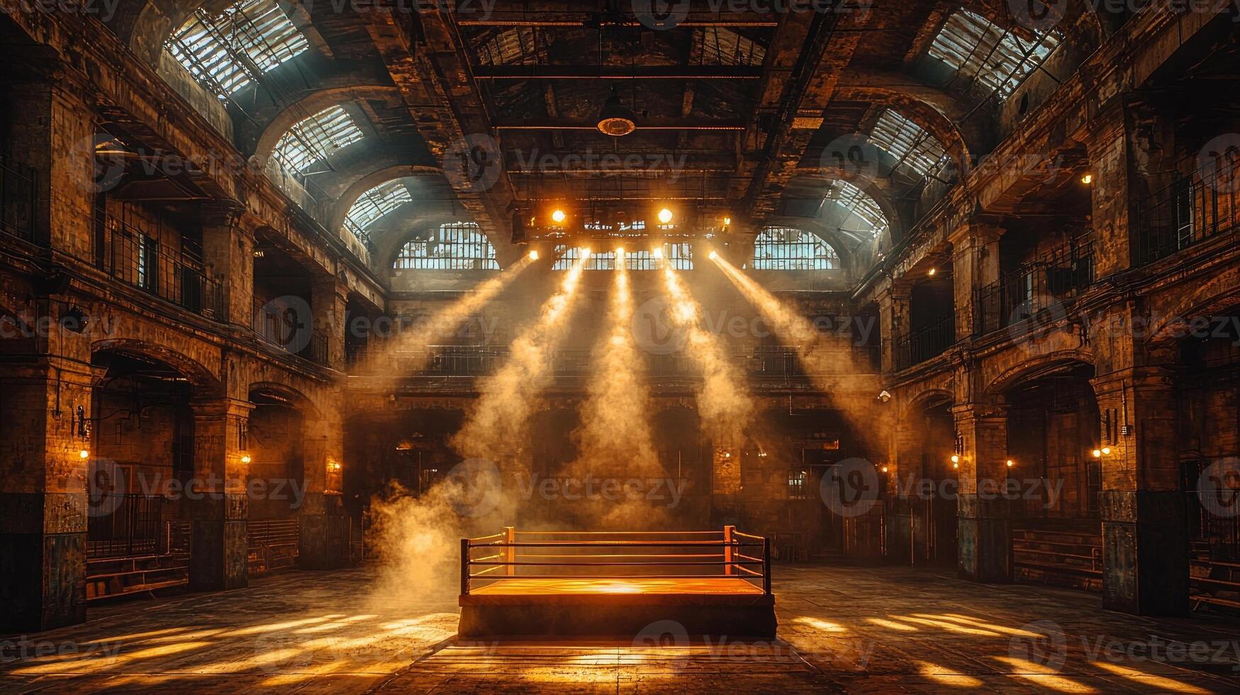 vibrant boxing night captivates audience in atmospheric hall. Rays of spotlights illuminate boxing ring creating dramatic scene filled excitement photo