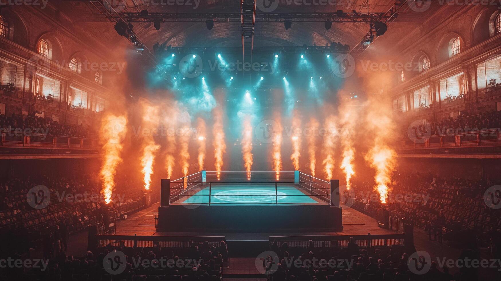 electrifying boxing night packed audience is highlighted boxing ring illuminated spotlights and surrounded smoke. intense energy and excitement fill air photo