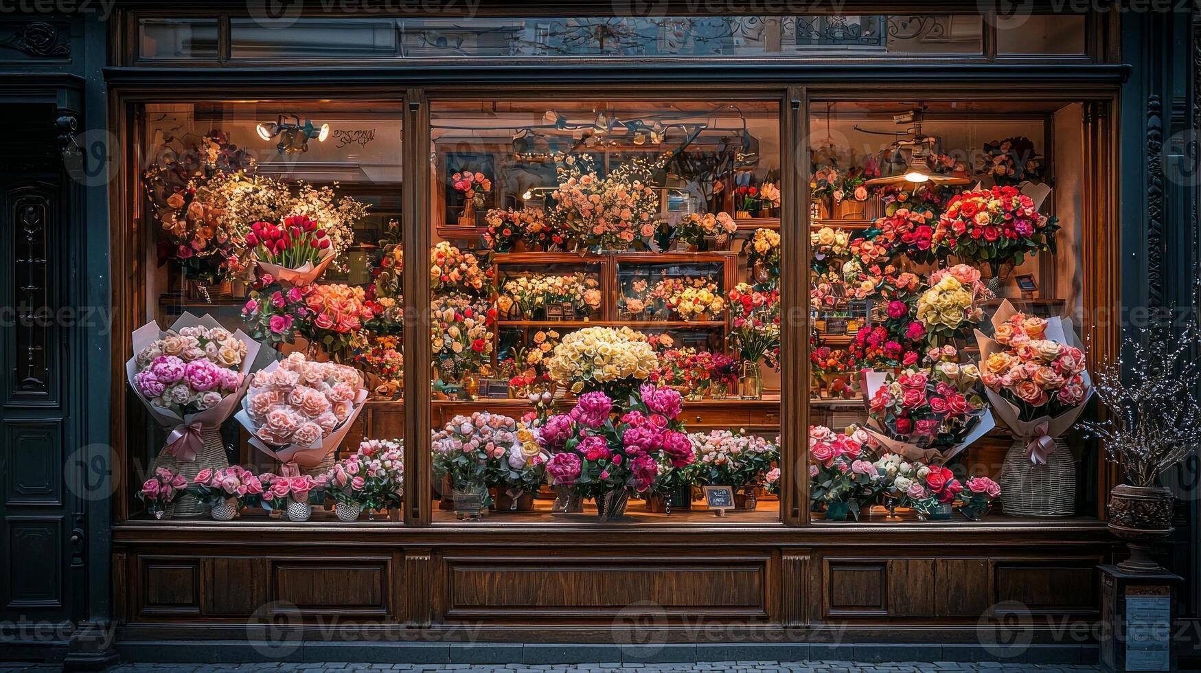 Bouquets of roses peonies tulips and orchids are beautifully arranged in flower shop window. Soft golden light enhances romantic setting inviting passersby explore photo