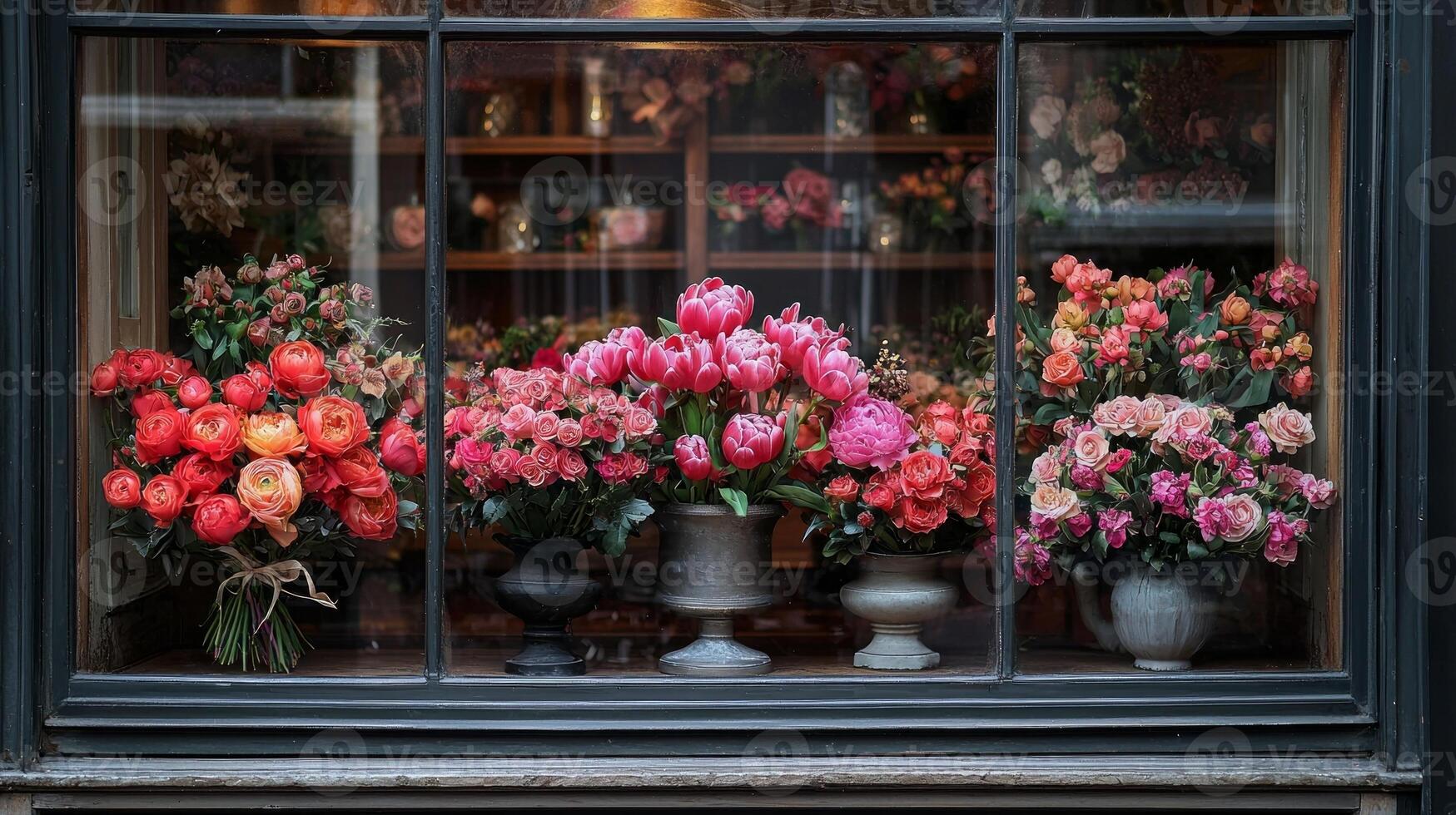beautifully arranged display of luxurious bouquets catches eye in flower shop's window. Rich colors and elegant wrapping enhance inviting setting and cozy ambiance photo