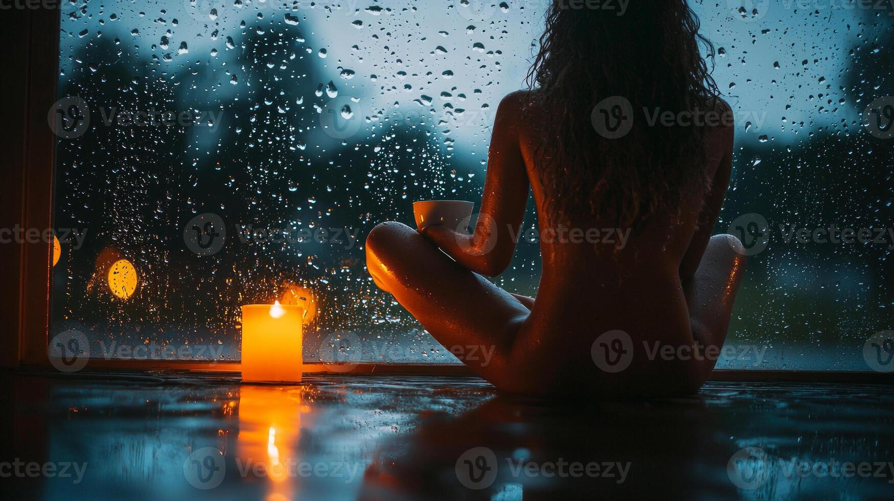 Sipping warm tea while sitting large window person enjoys solitude as rain trickles down glass creating cozy atmosphere enhanced candlelight photo