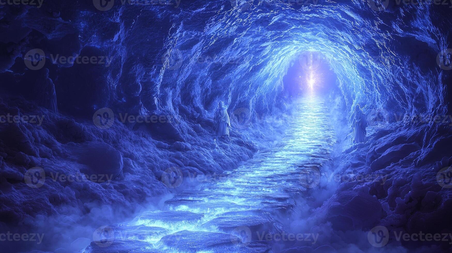 Souls traverse bridge of glowing stones inscribed divine commandments surrounded guardian spirits and abyss below heading radiant throne above photo