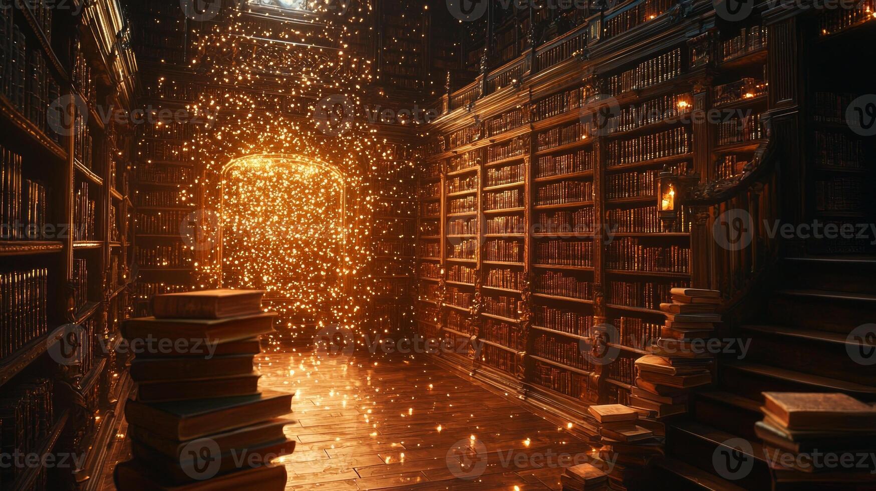 Countless ancient books hover and flip their pages in vast library. Ethereal figures wander between shelves illuminated golden light seeking lost wisdom and forgotten dreams photo