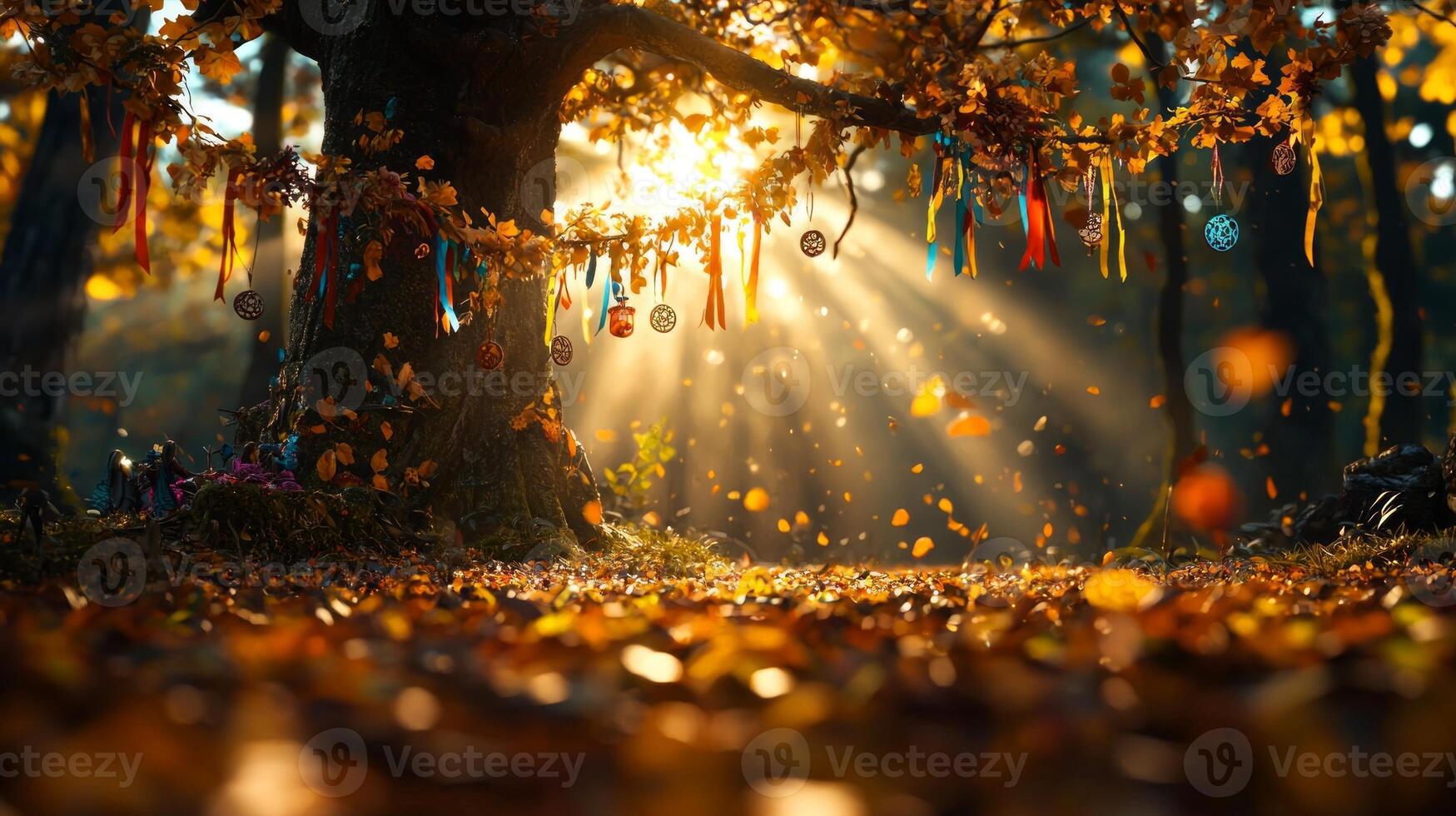 In sacred grove filled towering trees pagans gather perform rituals. Sunlight filters through canopy creating magical patterns on ground adorned ribbons and flowers photo