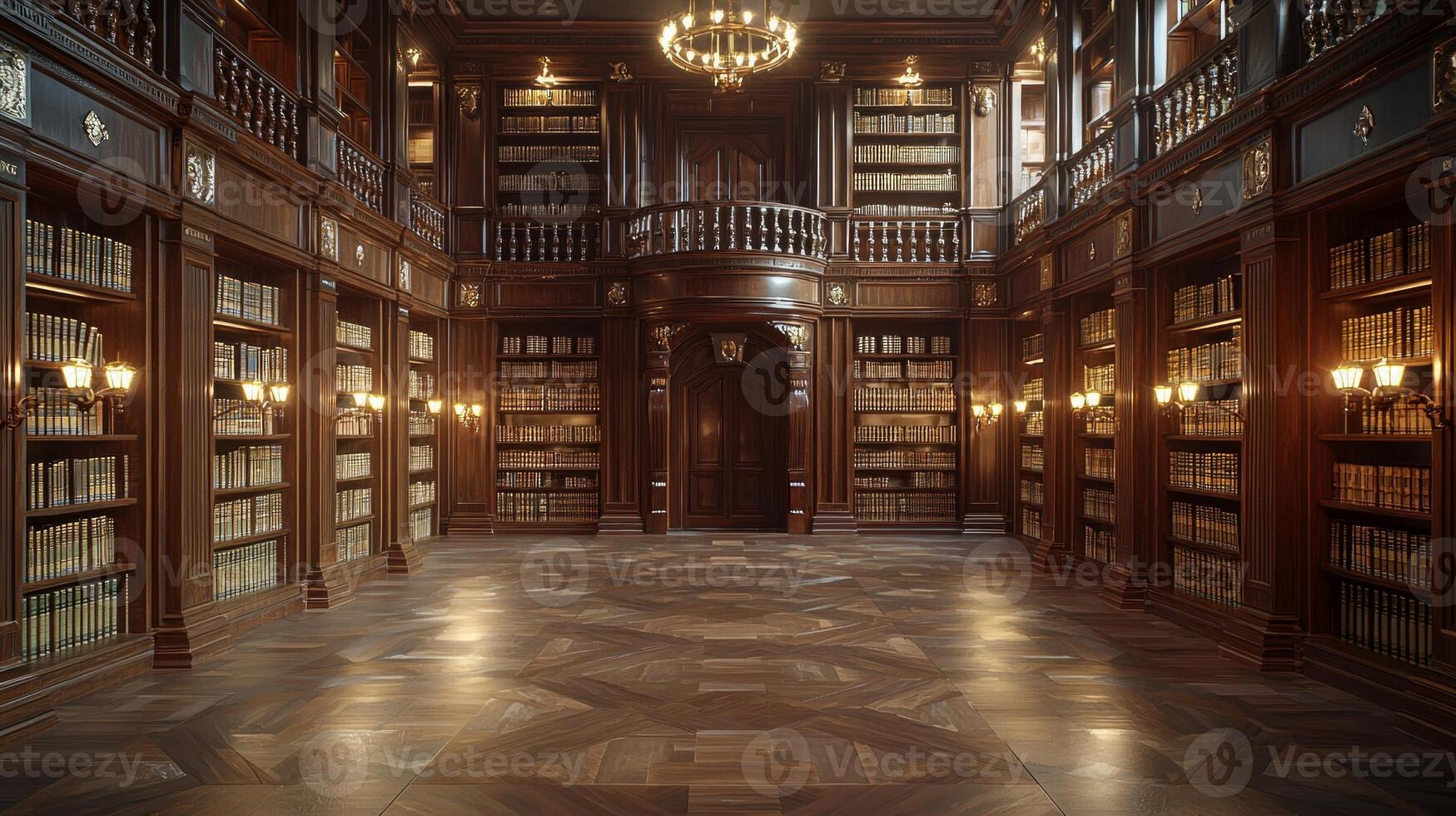 hand gently traces spines of rare leather bound books in dimly lit elegant library. Towering wooden shelves and warm lamps create atmosphere of mystery and discovery photo