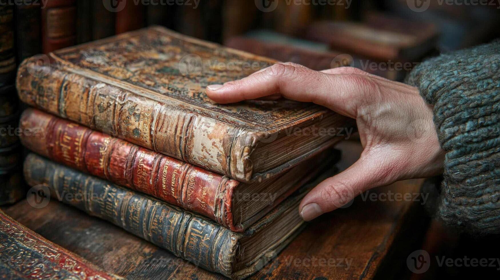In mysterious library filled towering wooden bookshelves hand explores rare leather bound books while warm lamps create inviting atmosphere enhancing thrill of discovery photo