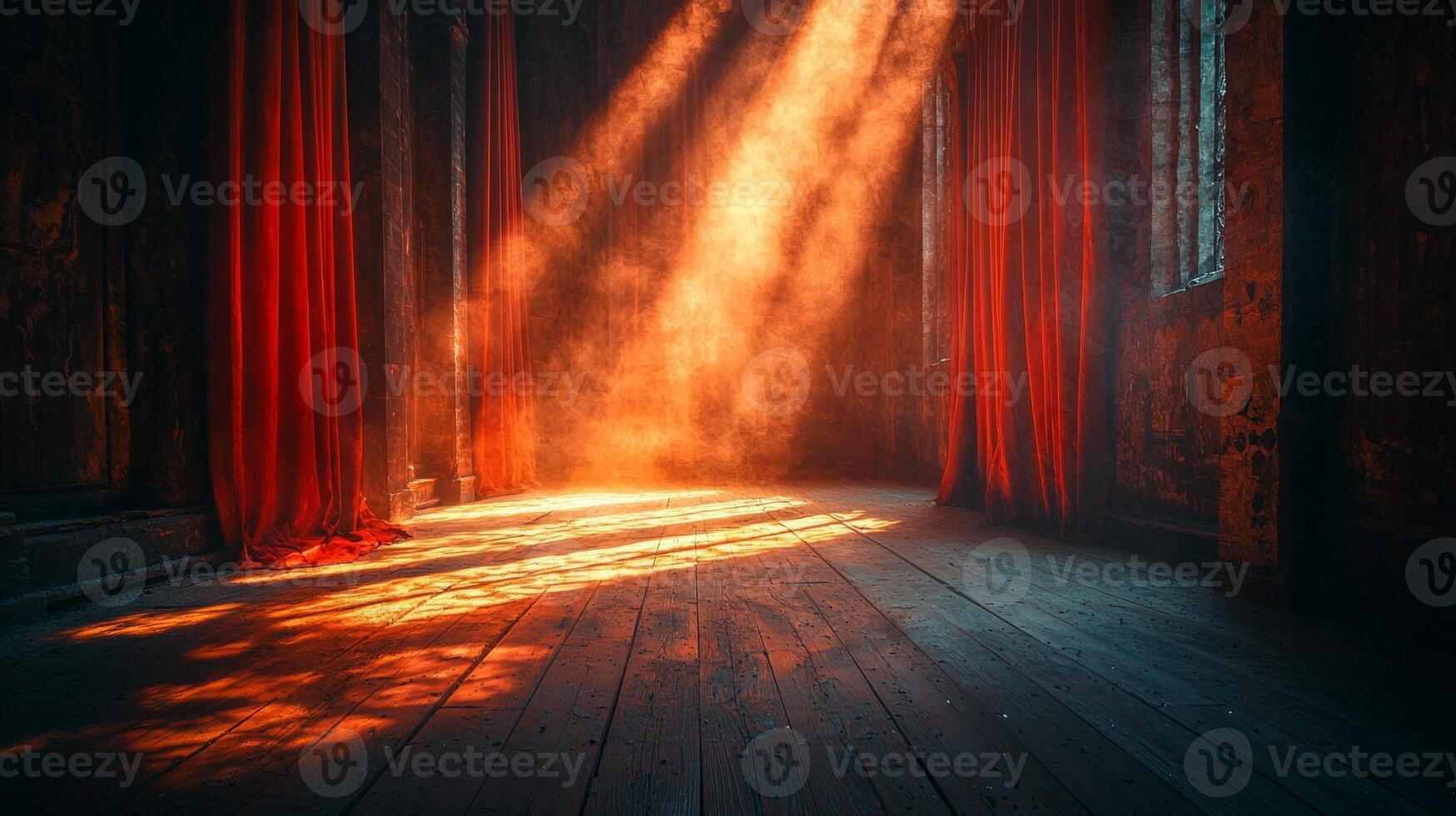 dimly lit theater stage features single spotlight shining on wooden floor casting elaborate shadows photo
