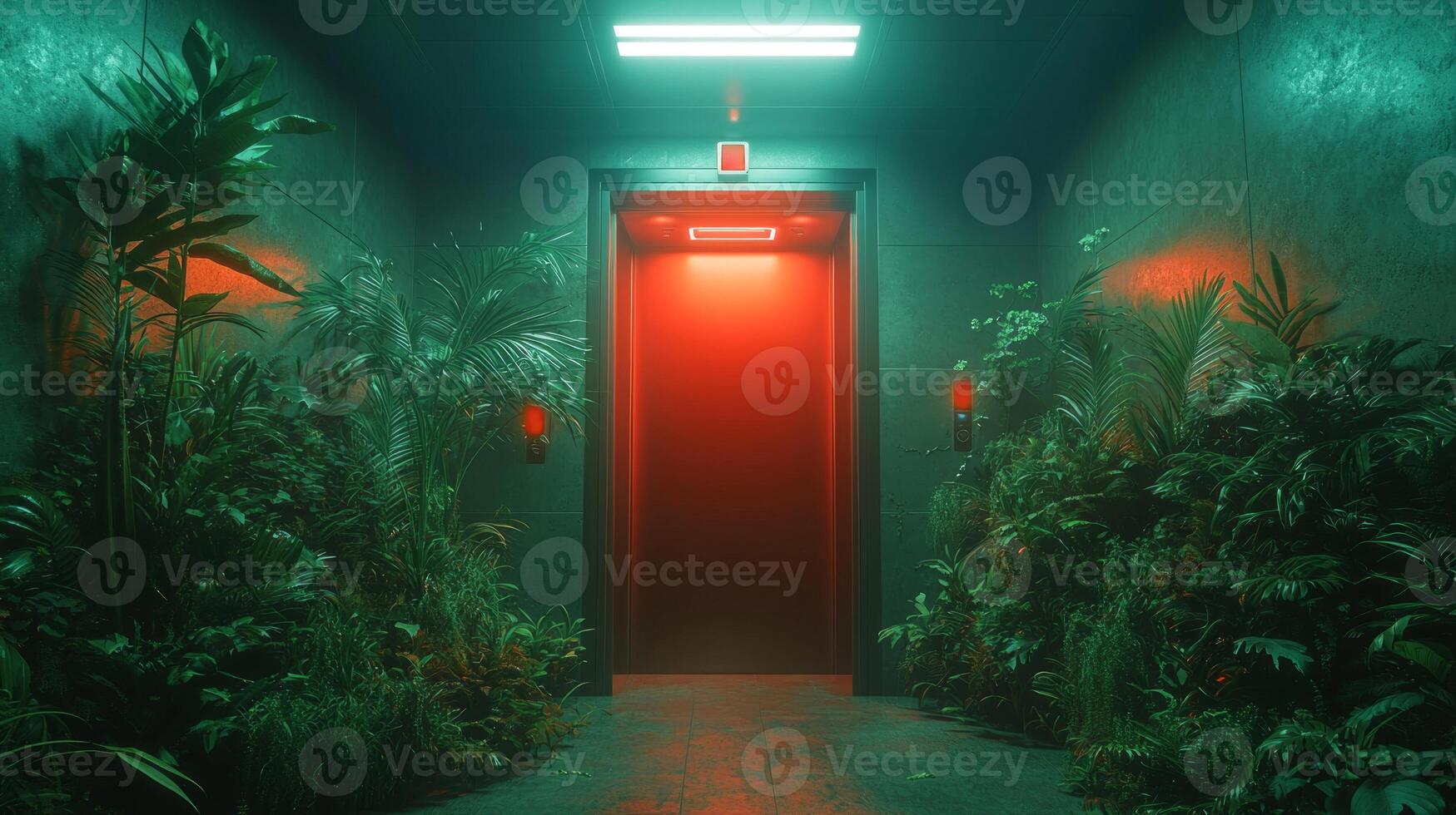 elevator suspended in void reveals doors open diverse landscapes from prehistoric jungles futuristic cities inviting exploration of unknown dimensions photo