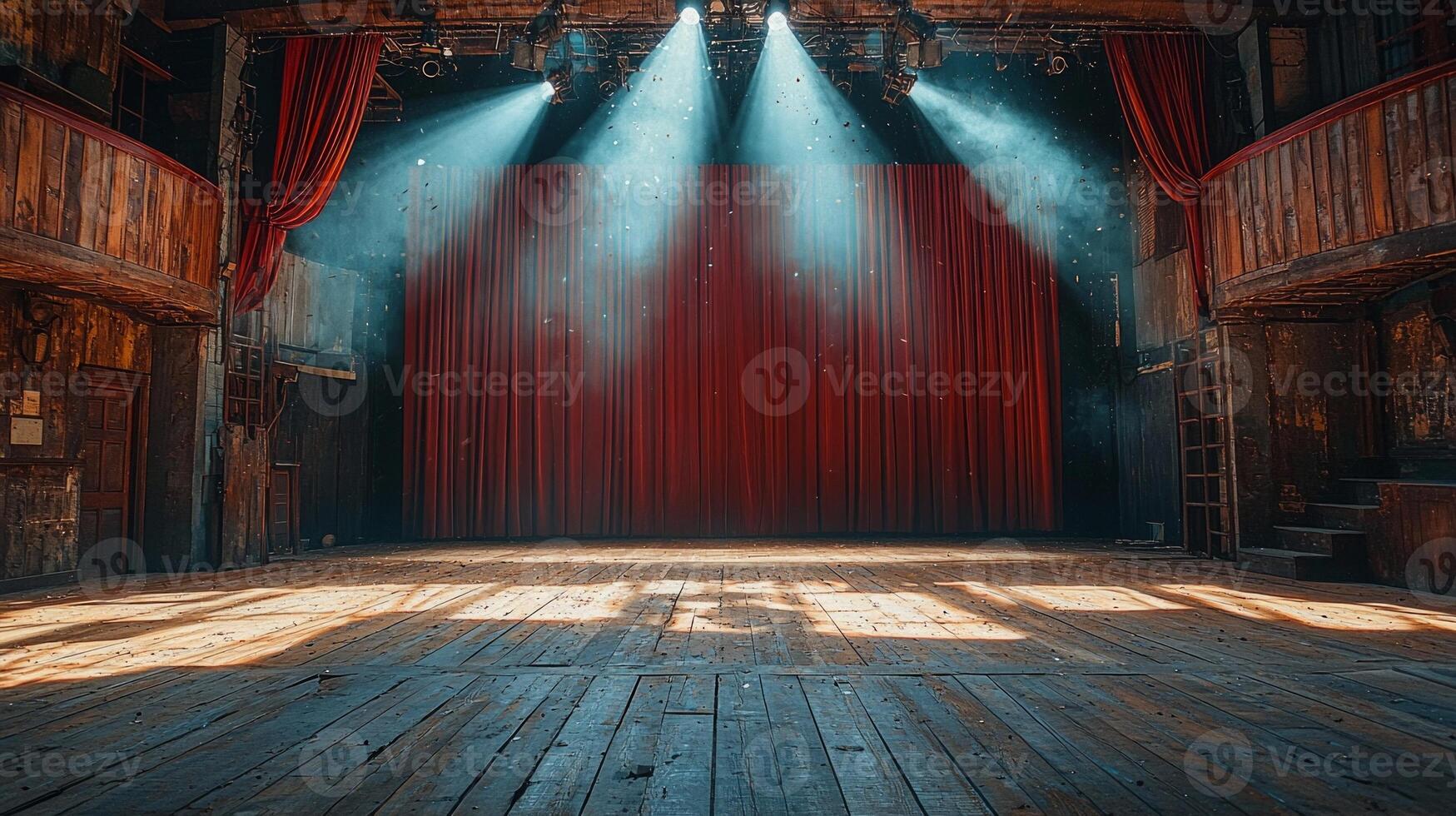 dimly lit theater stage features single spotlight illuminating wooden floor. Red curtains are slightly open hinting performance where dust particles dance in air photo