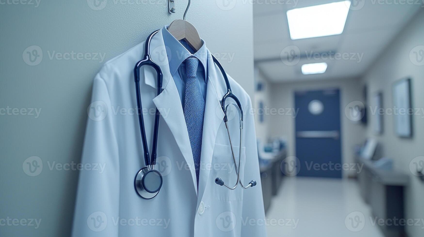 neatly hung white doctors coat stethoscope draped over wall hook captures essence of professionalism in calm modern medical office setting illuminated soft lighting photo
