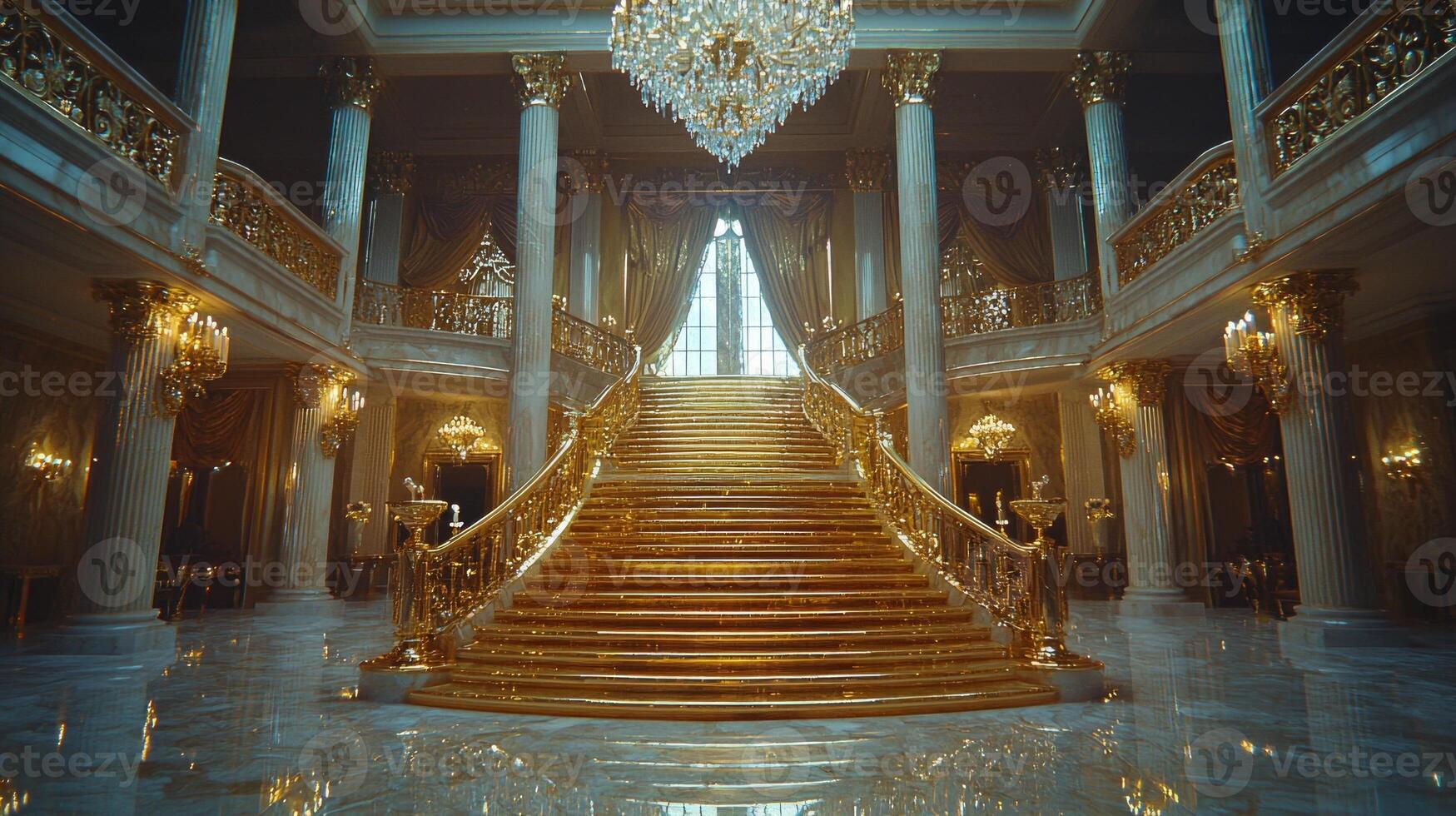 stunning staircase showcases polished gold steps reflect grand chandelier above. Adorned engravings and surrounded marble columns scene emanates luxury and elegance photo