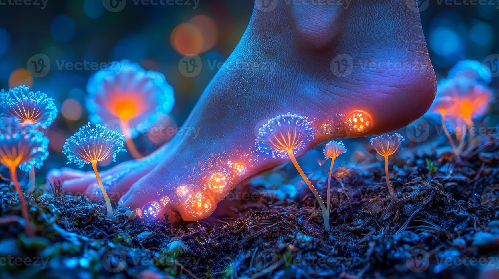 bare foot gently presses into soft earth creating glowing flower imprints. Violet blue and gold petals shimmer as spores drift in warm golden light of dawn photo