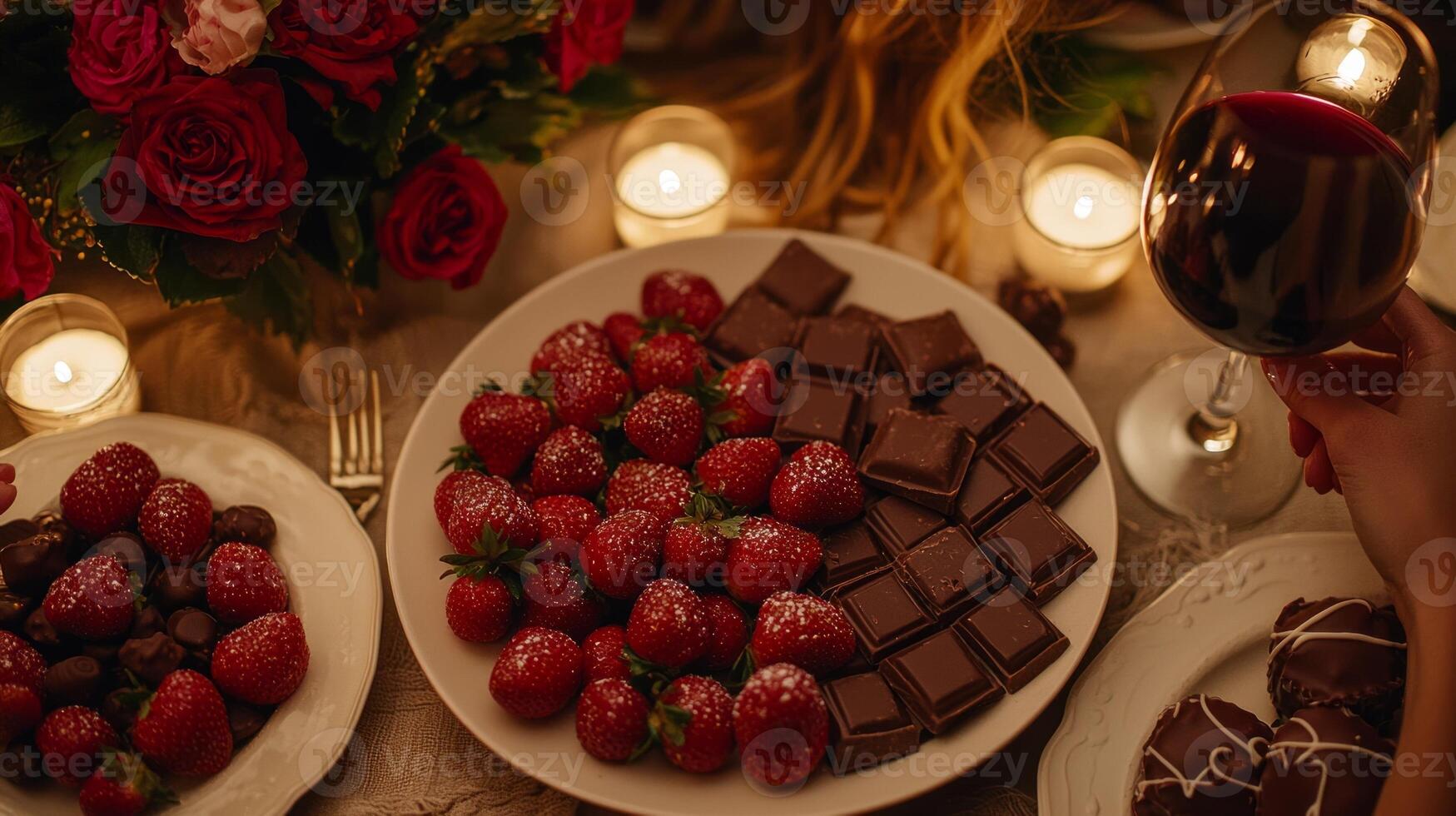 luxurious table is adorned decadent chocolates and ripe strawberries complemented glass of red wine. hand reaches for tempting treat embracing indulgence photo