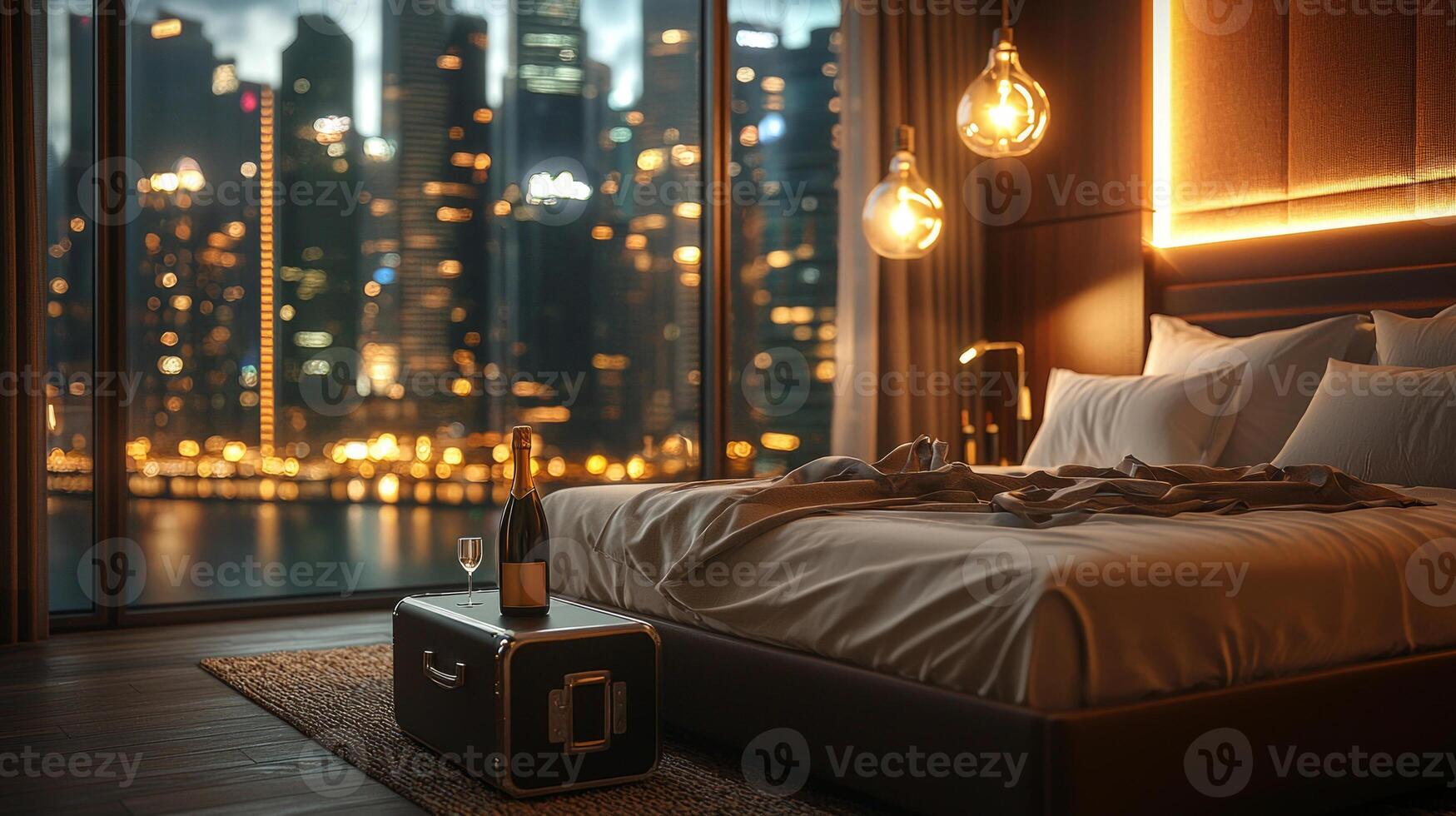 setting features luxurious hotel room illuminated city lights unmade bed half open suitcase and open bottle of champagne evoking sense of quiet indulgence photo