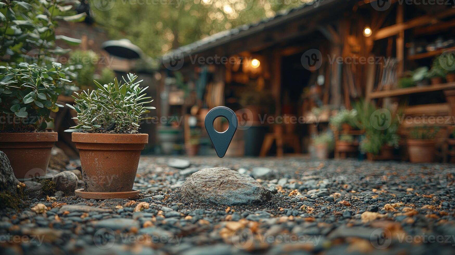 geolocation marker made from array of vibrant potted plants and gardening tools stands prominently in natural setting photo