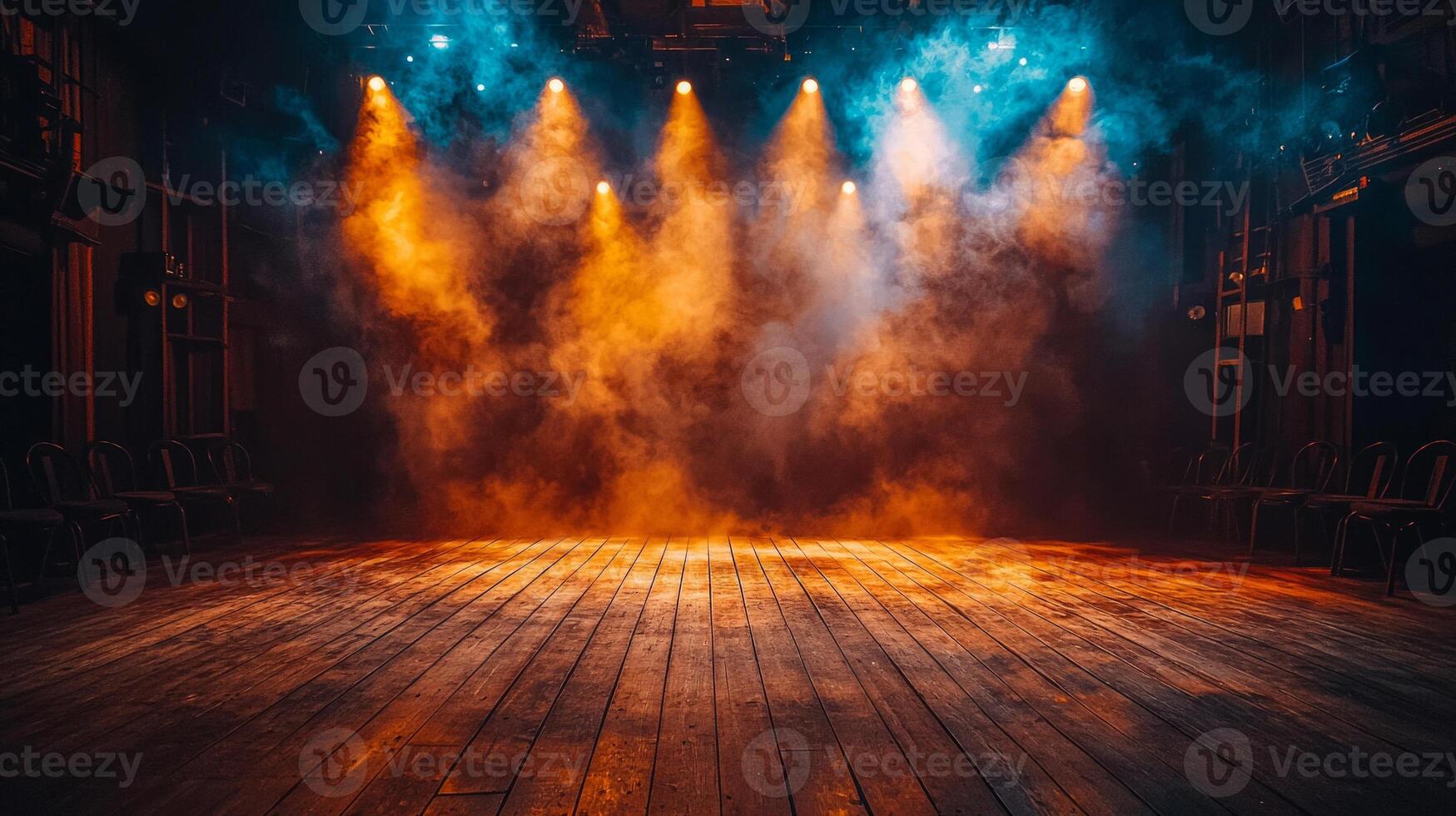 solitary ghost light stands alone on empty stage casting ethereal shadows across wooden floor. Darkened seats in background create haunting atmosphere rich theatrical tradition photo