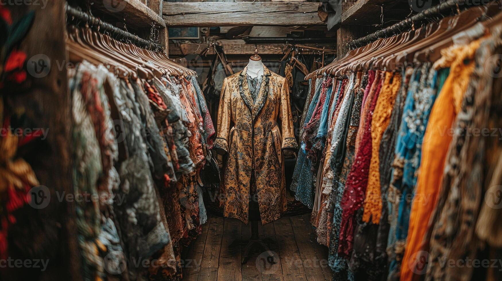 Costume designer focuses on final adjustments for elaborate period costume while performers prepare nearby. Racks filled colorful costumes surround busy atmosphere photo