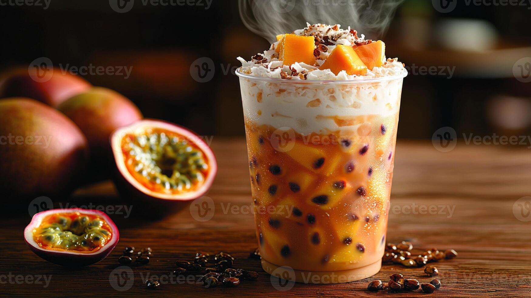 Enjoy vibrant iced fruit tea filled mango passionfruit pineapple and coconut shavings surrounded lively beachside cafe atmosphere. Ideal for summer gatherings photo