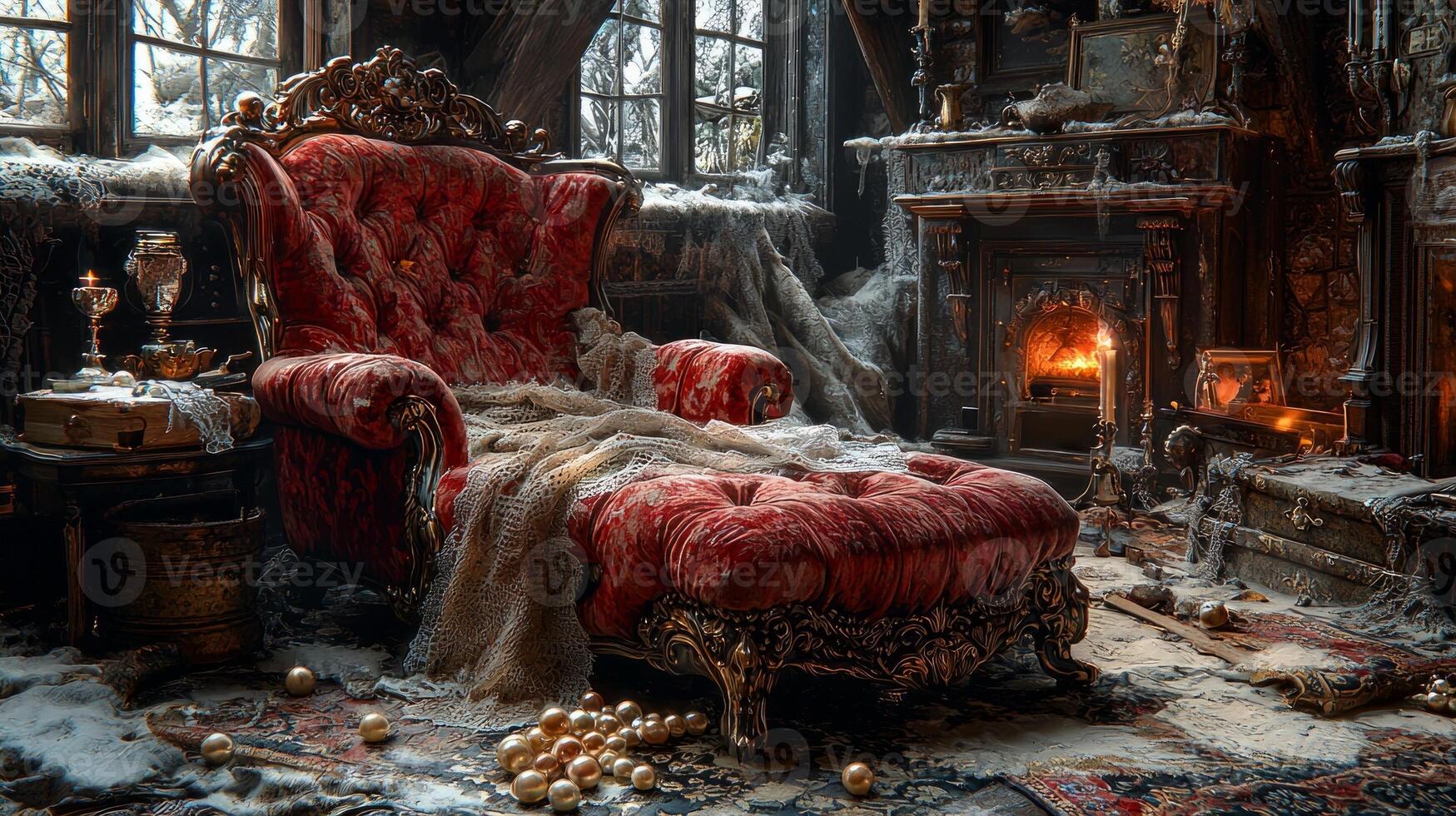 In sumptuous bedroom nobleman slouches in ornate chair surrounded symbols of former glory photo