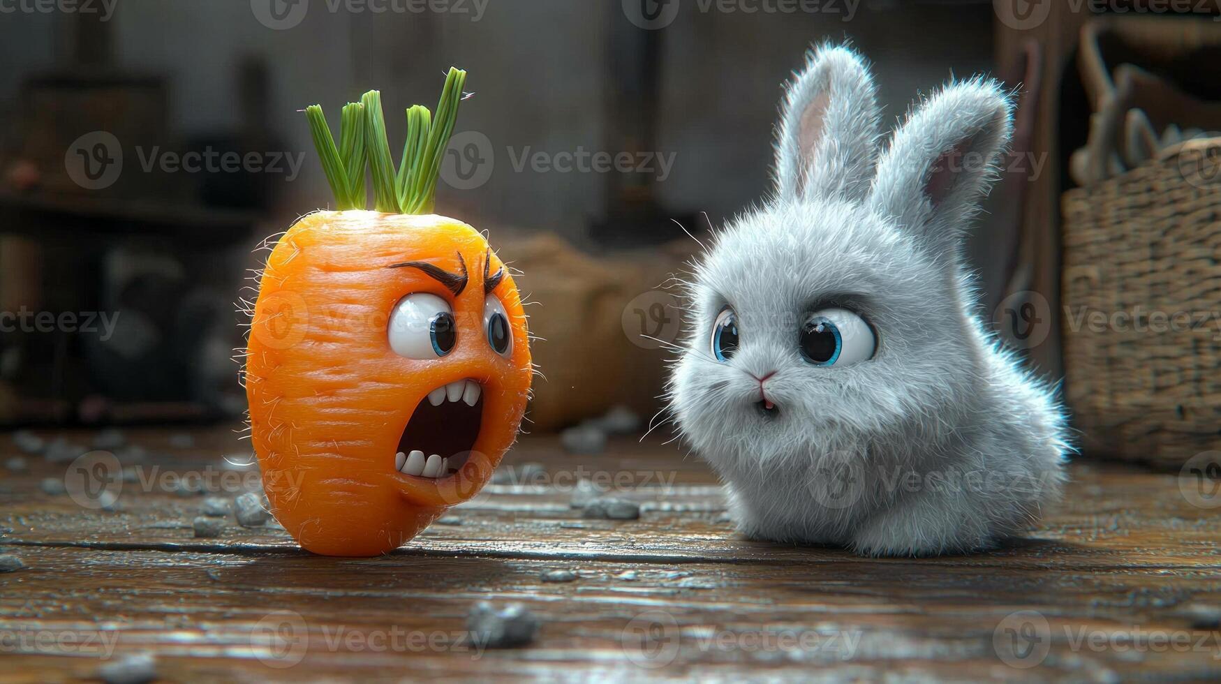 In vividly colored illustration predatory carrot sharp teeth and angry eyes playfully bites fluffy bunny highlighting humorous yet eerie atmosphere in wooden setting photo