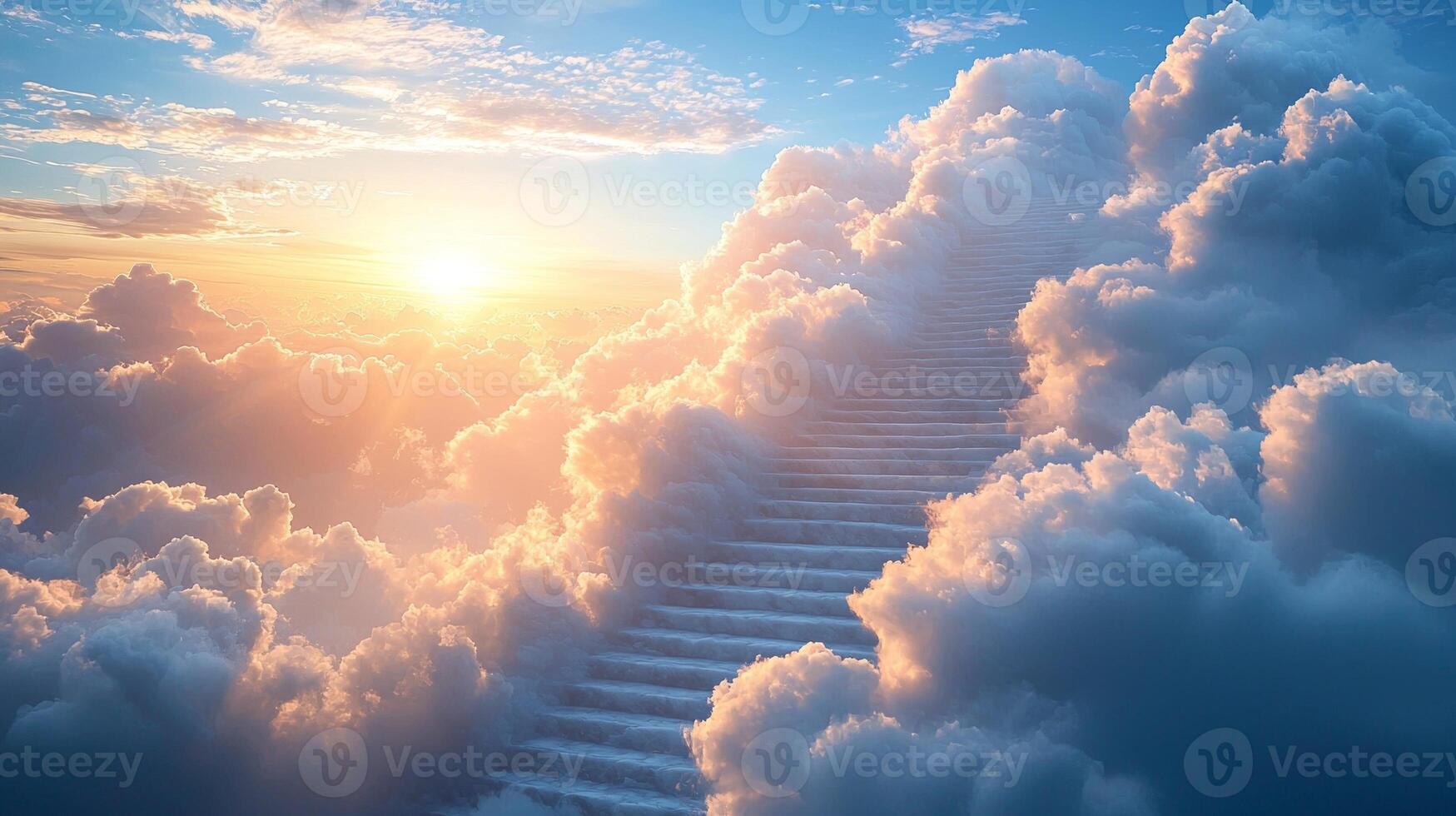 stunning staircase of soft clouds ascends into endless sky bathed in golden glow of morning sun. Pastel shades of pink and blue paint horizon creating serene atmosphere photo