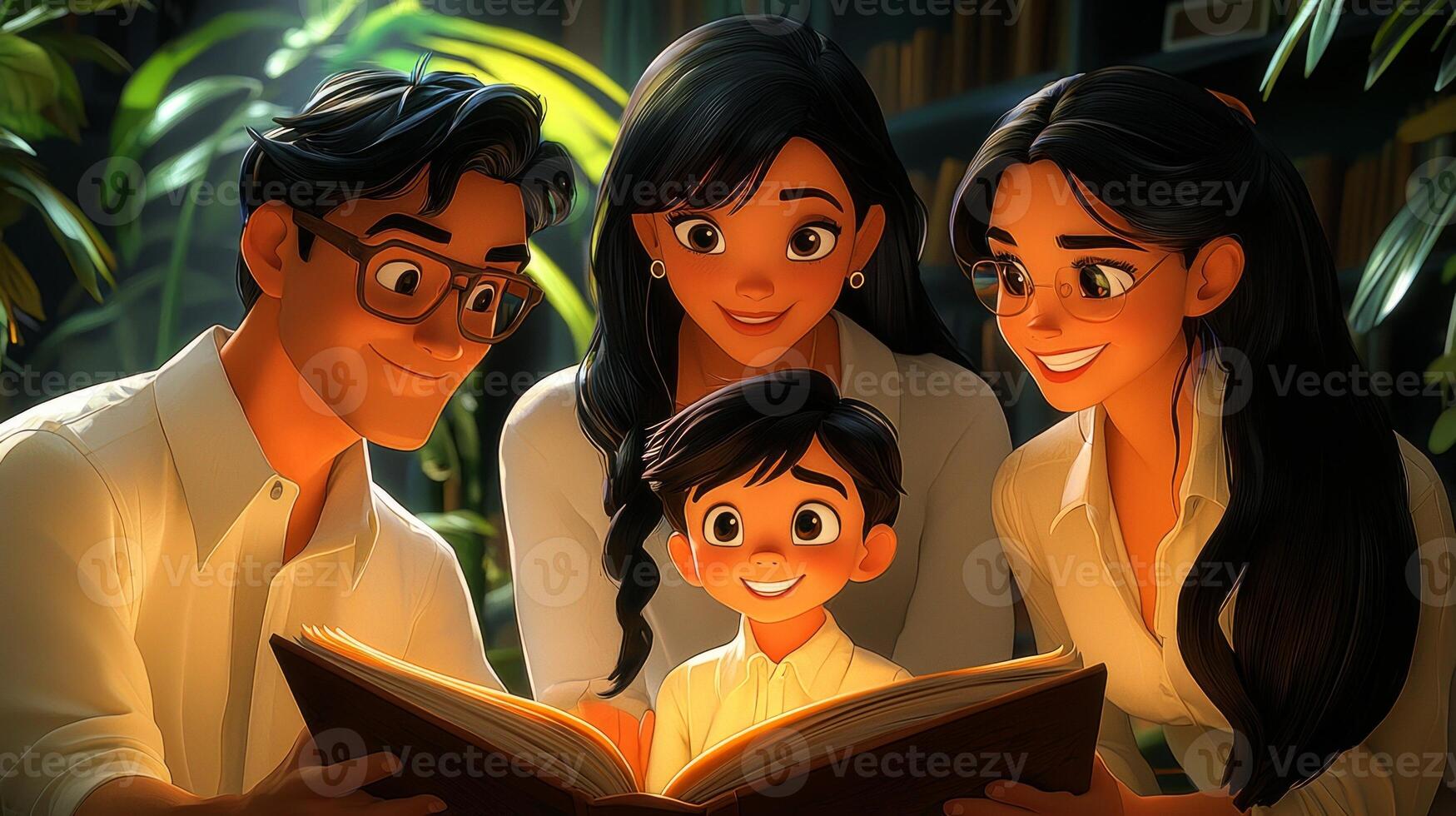 Three loving partners share heartwarming moment reading bedtime story child. Their cozy home radiates warmth and acceptance as they engage in joyful interactions filled laughter photo