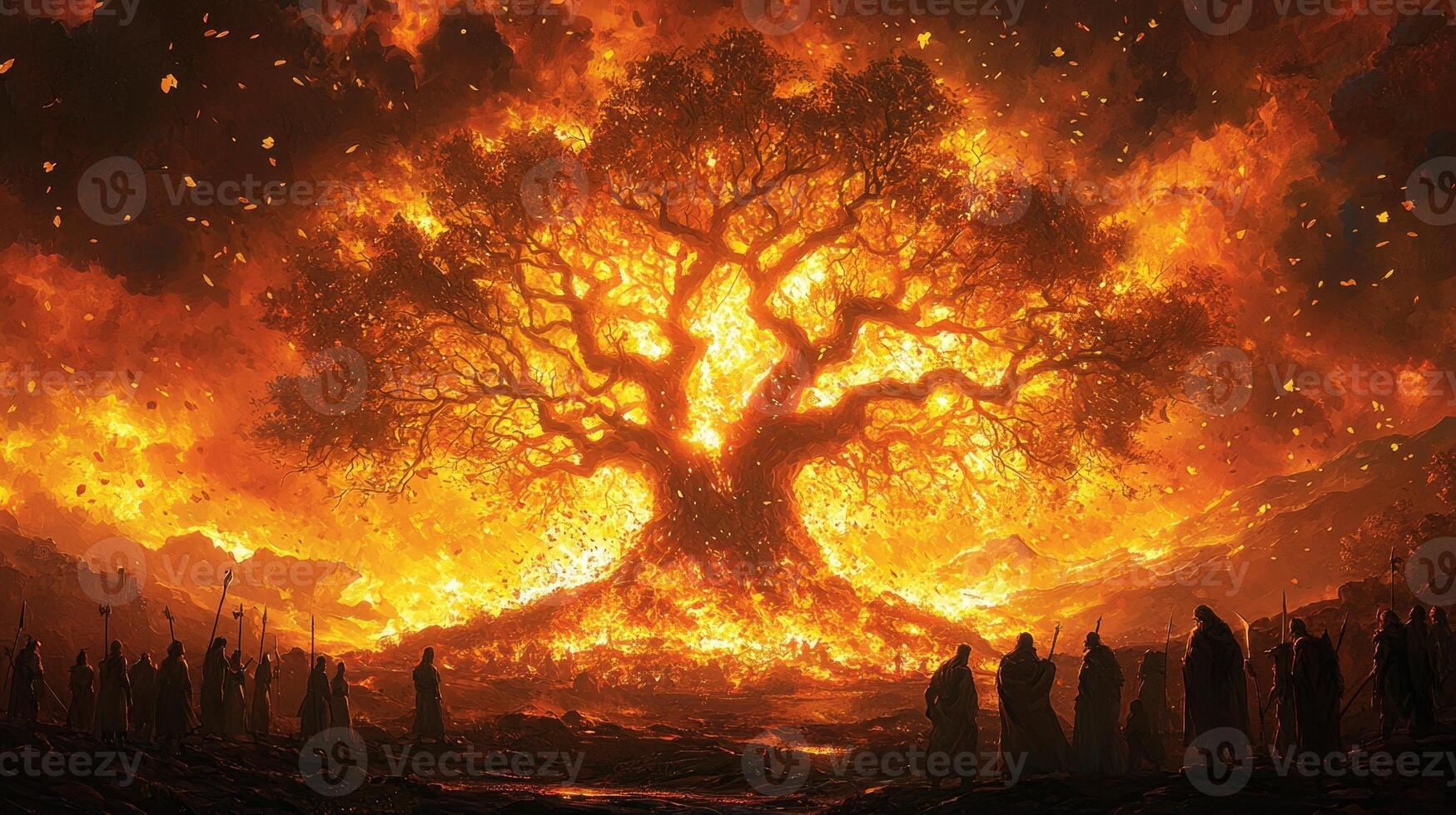 Yggdrasil burns in surreal blaze its branches shattering as golden leaves scatter into void. Divine and mortal beings stand in silence witnessing cosmic collapse photo