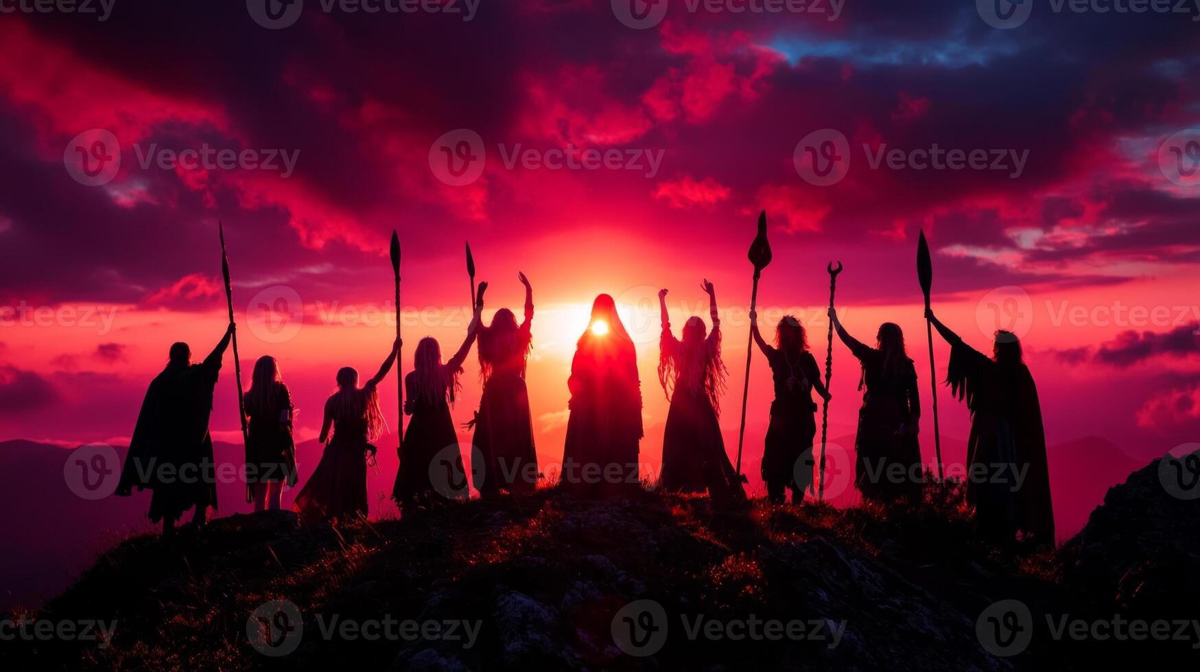 group of pagans stands on hilltop illuminated dawn light. They hold staffs and ceremonial objects celebrating arrival of spring and equinox photo