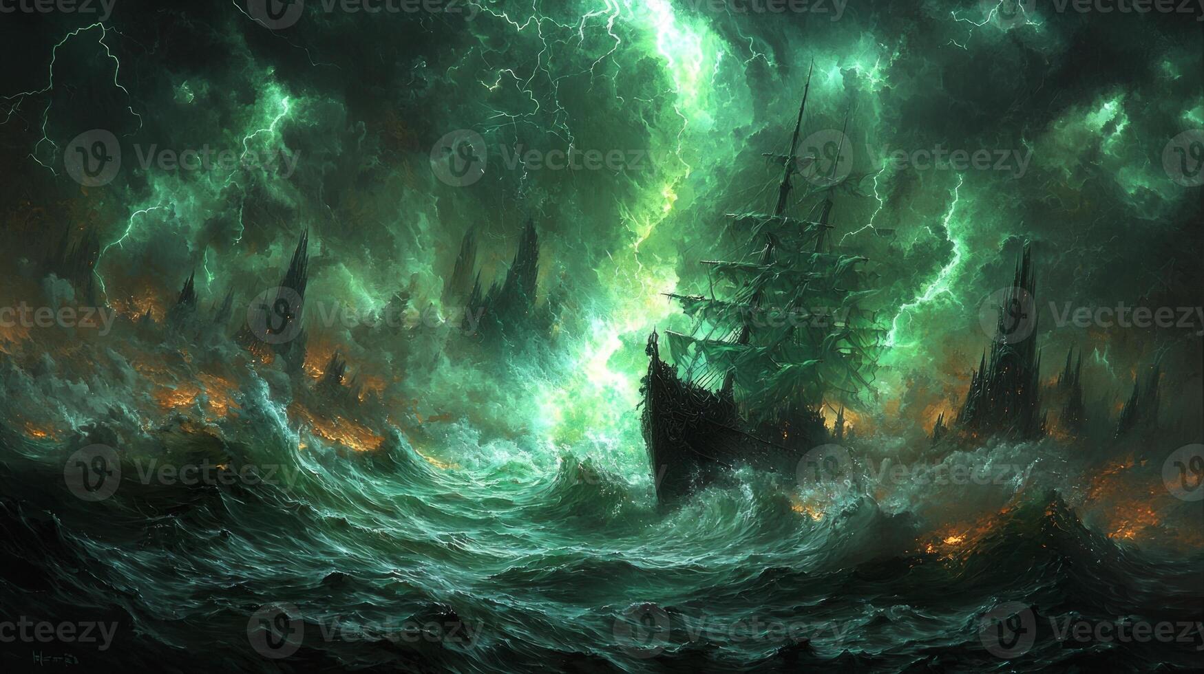 terrifying ship crafted from fingernails of dead sails through tumultuous seas. Loki and Hela lead army of damned amidst cries of lost souls and stormy skies photo