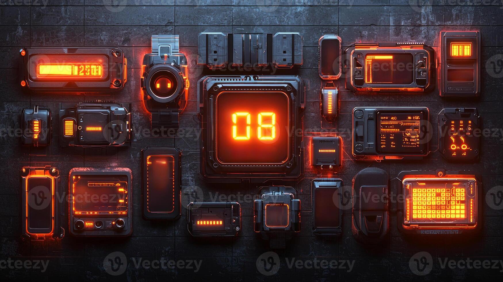 striking arrangement features futuristic geolocation symbol made from smartphones smartwatches and wireless earbuds. Cool toned lighting enhances modern appeal in minimalistic setting photo