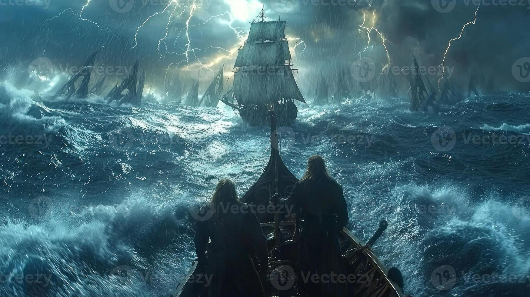 terrifying ship crafted from fingernails of dead navigates stormy seas as Loki and Hela lead army of souls. Lightning illuminates ghostly hands reaching skyward in battle photo