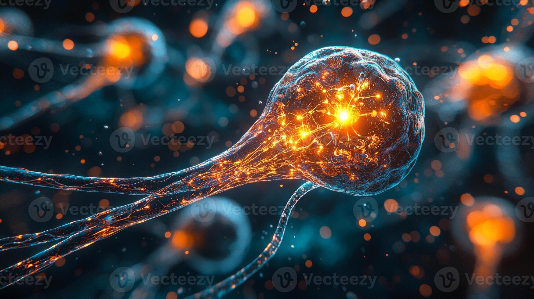 glowing chromosome floats in deep blue void illuminated soft neon light photo