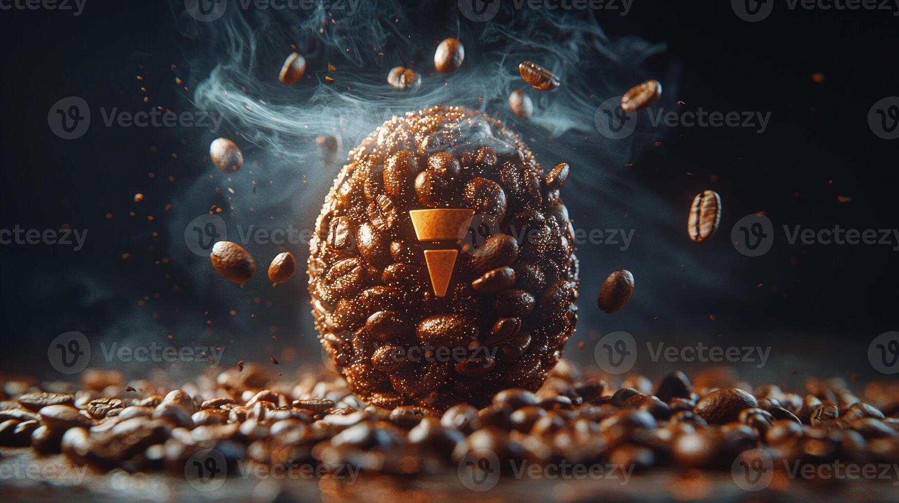 advertisement showcases digital geolocation pin crafted from coffee beans wisps of steam rising suggest fresh coffee. sleek dark background adds modern touch photo