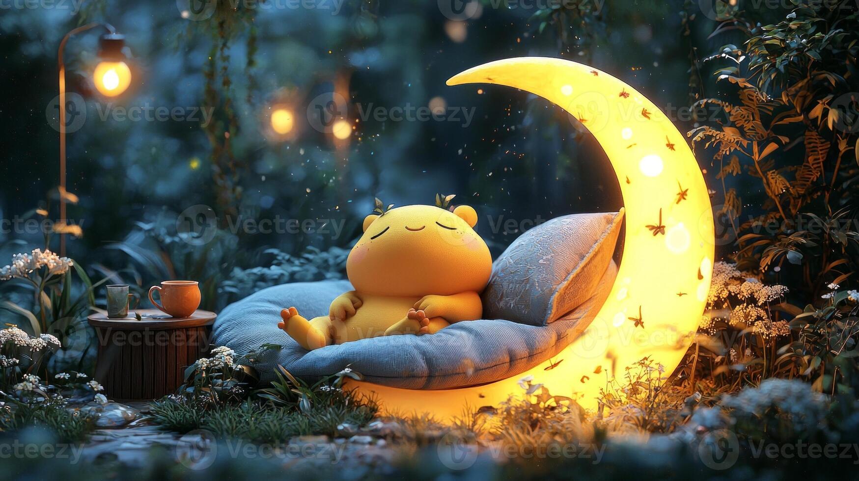 delighted frog sprawls on stylish moon shaped couch blissfully relaxed drink nearby. cozy setting features warm lighting and decorative plants enhancing its charm photo