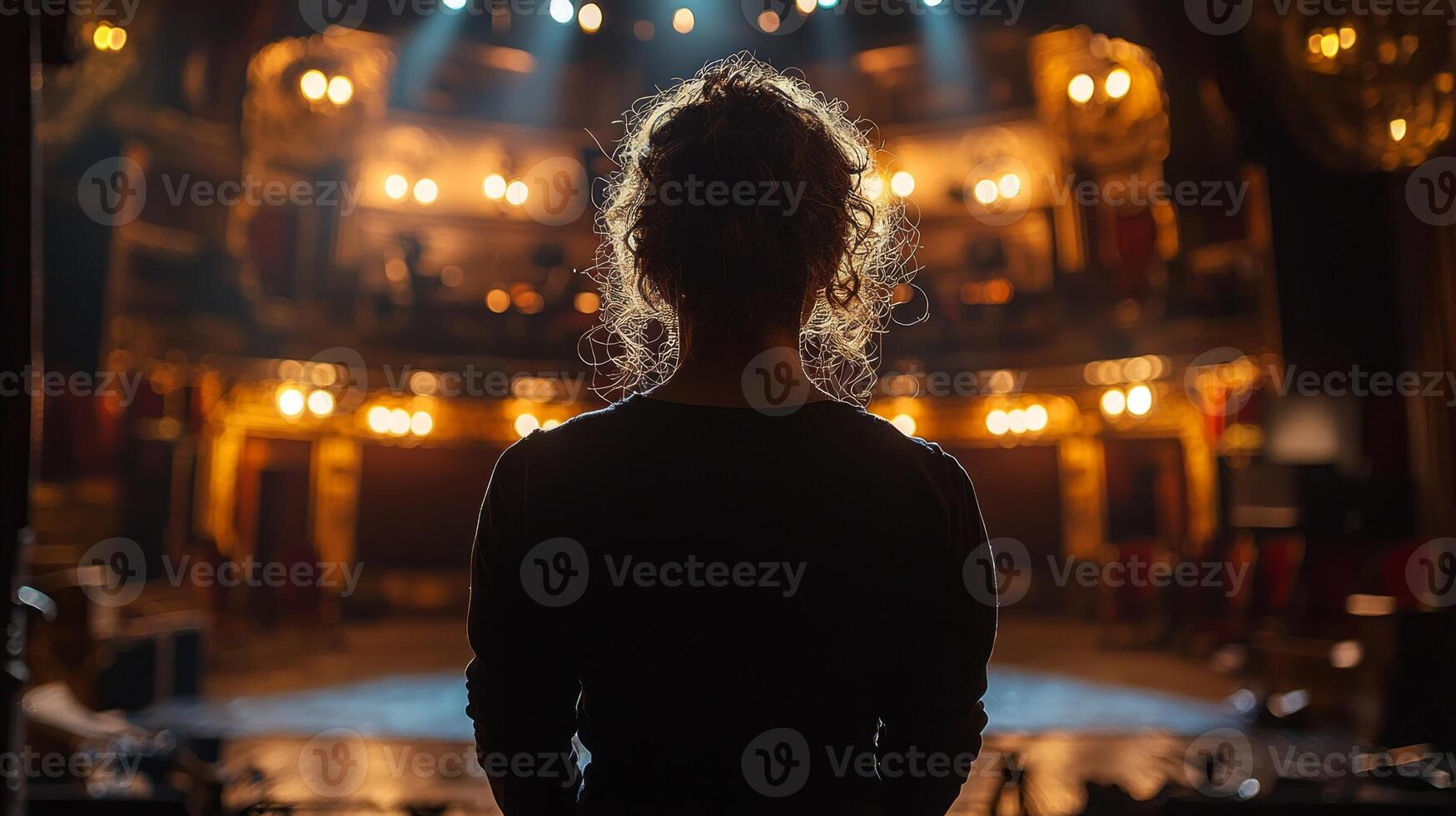 In shadows stage crew member dressed in black skillfully adjusts set piece while captivating performance unfolds. Their silhouette emphasizes vital role of backstage support photo