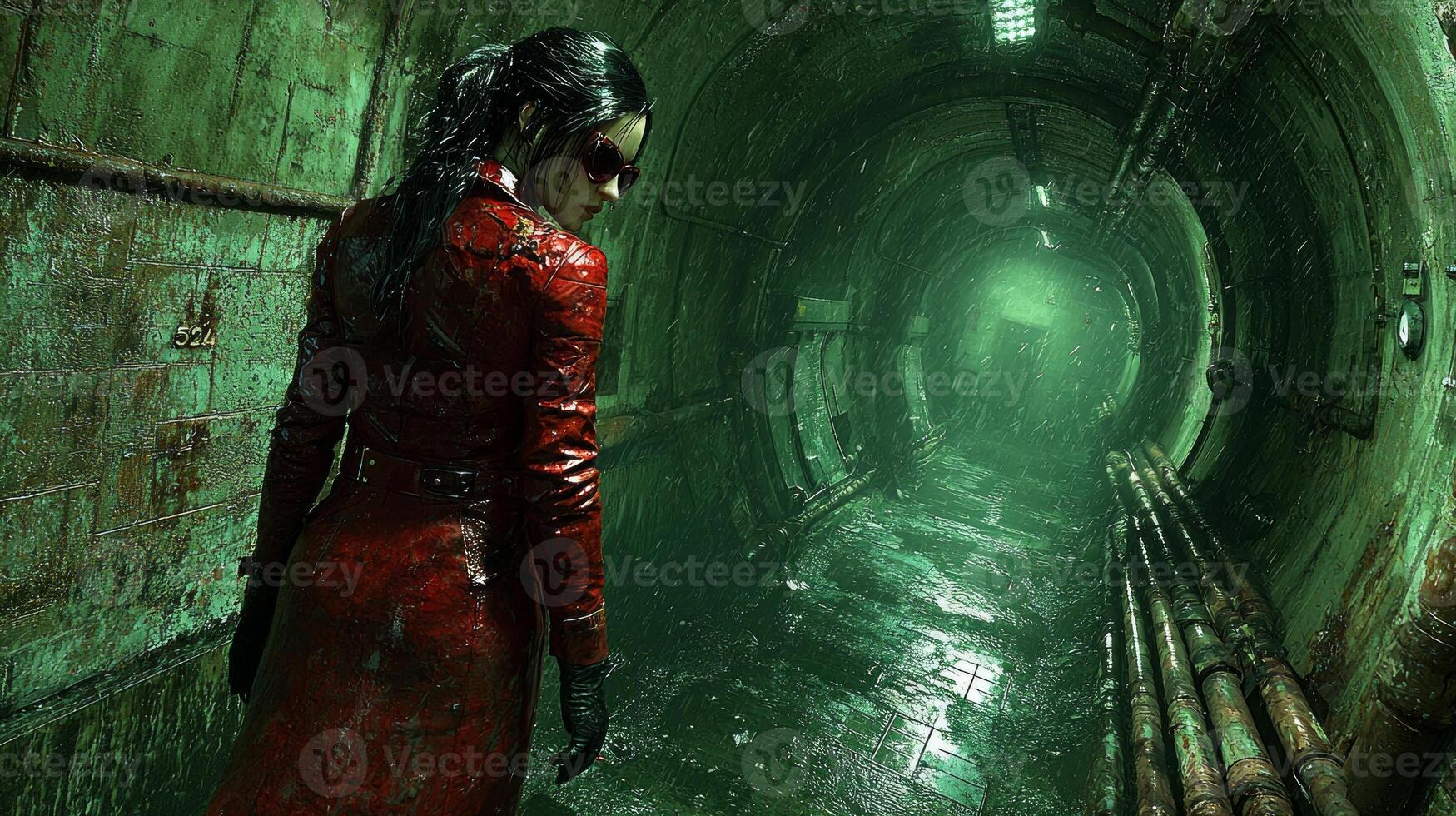 person strides confidently through dark concrete maze of rusted pipes wearing striking red trench coat and futuristic sunglasses pop against cold surroundings photo