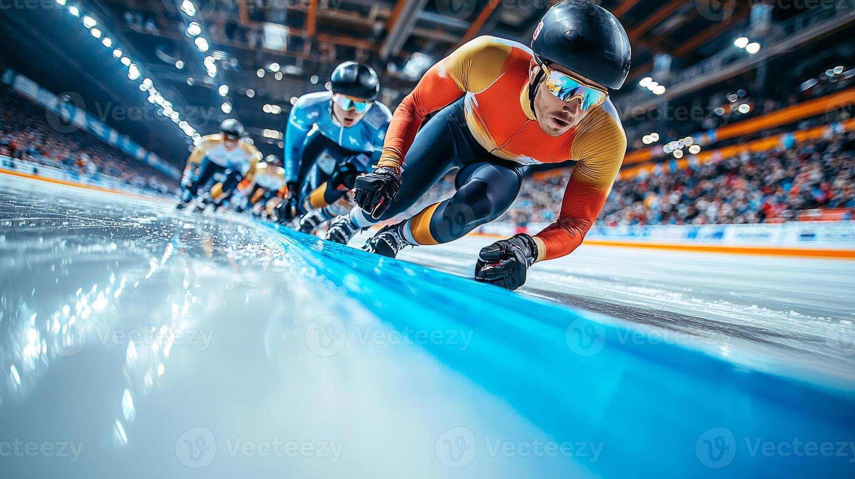 Competitors glide effortlessly around oval track their bodies positioned for optimal speed as they navigate sharp turns. bright blue lanes contrast gleaming ice photo
