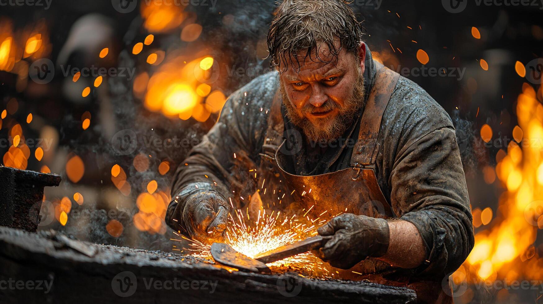 burly blacksmith in leather apron skillfully hammers glowing horseshoe on anvil. warm glow of fire and flying sparks create vibrant atmosphere of timeless craftsmanship photo